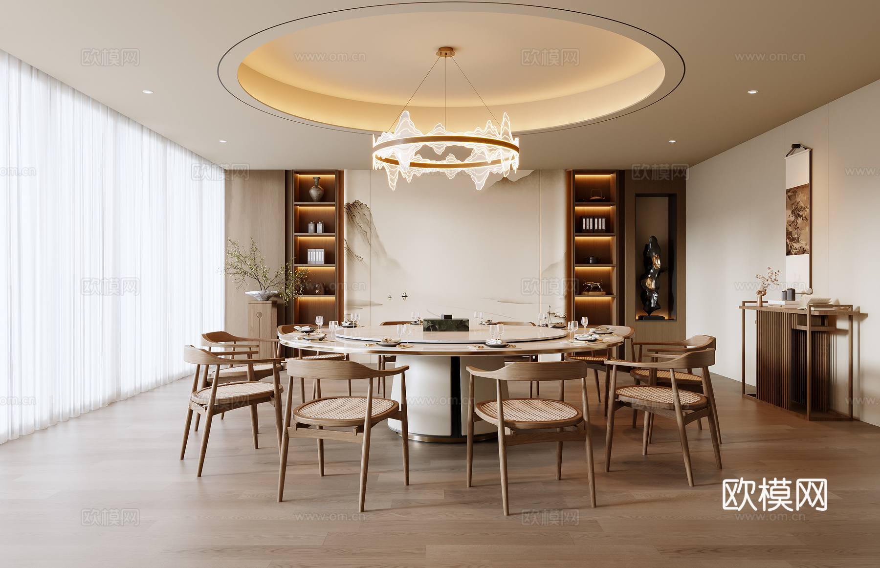 新中式餐饮包厢su模型下载（渲染图1）