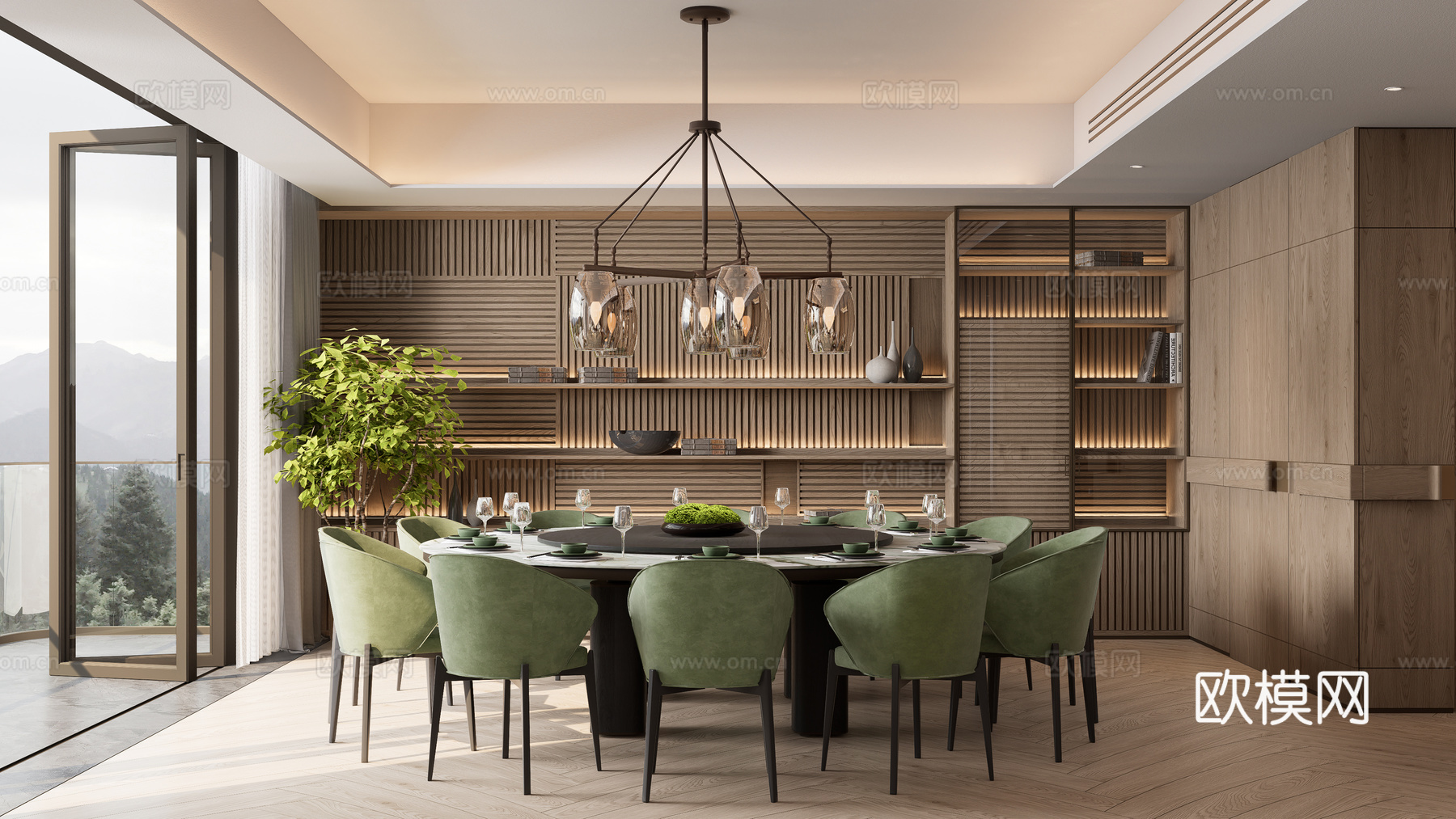 现代新中式中餐厅 餐厅酒柜 餐座椅组合 吊灯su模型下载（渲染图1）
