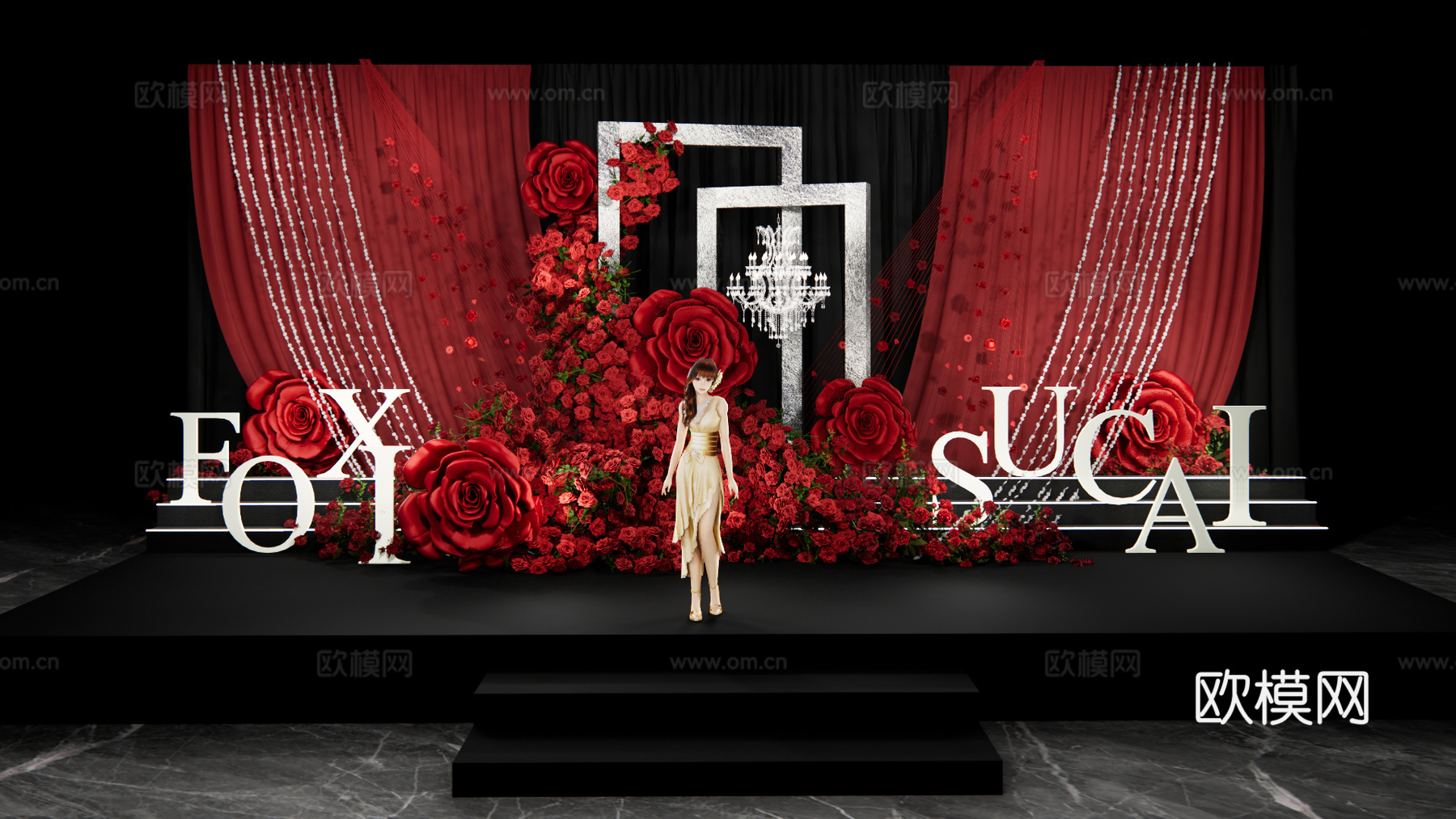 小众红玫瑰秀场风婚礼设计su模型下载（渲染图2）