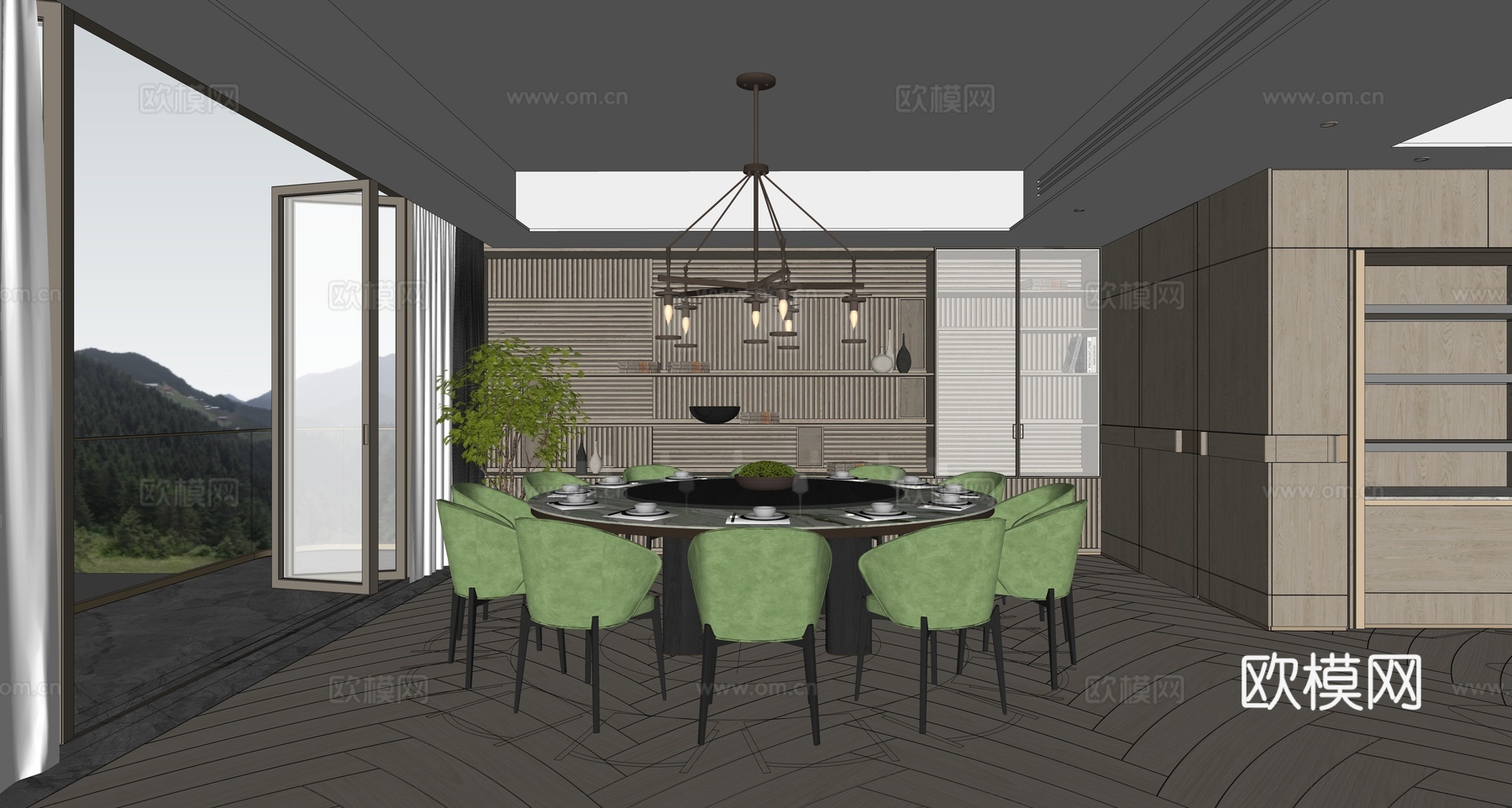 现代新中式中餐厅 餐厅酒柜 餐座椅组合 吊灯su模型下载（渲染图4）
