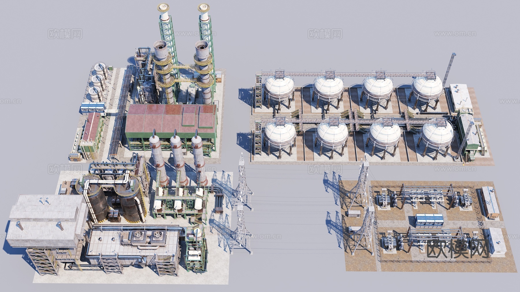 工厂 反应堆建筑 油泵 烟囱 冷却塔 管道 储气库3d模型