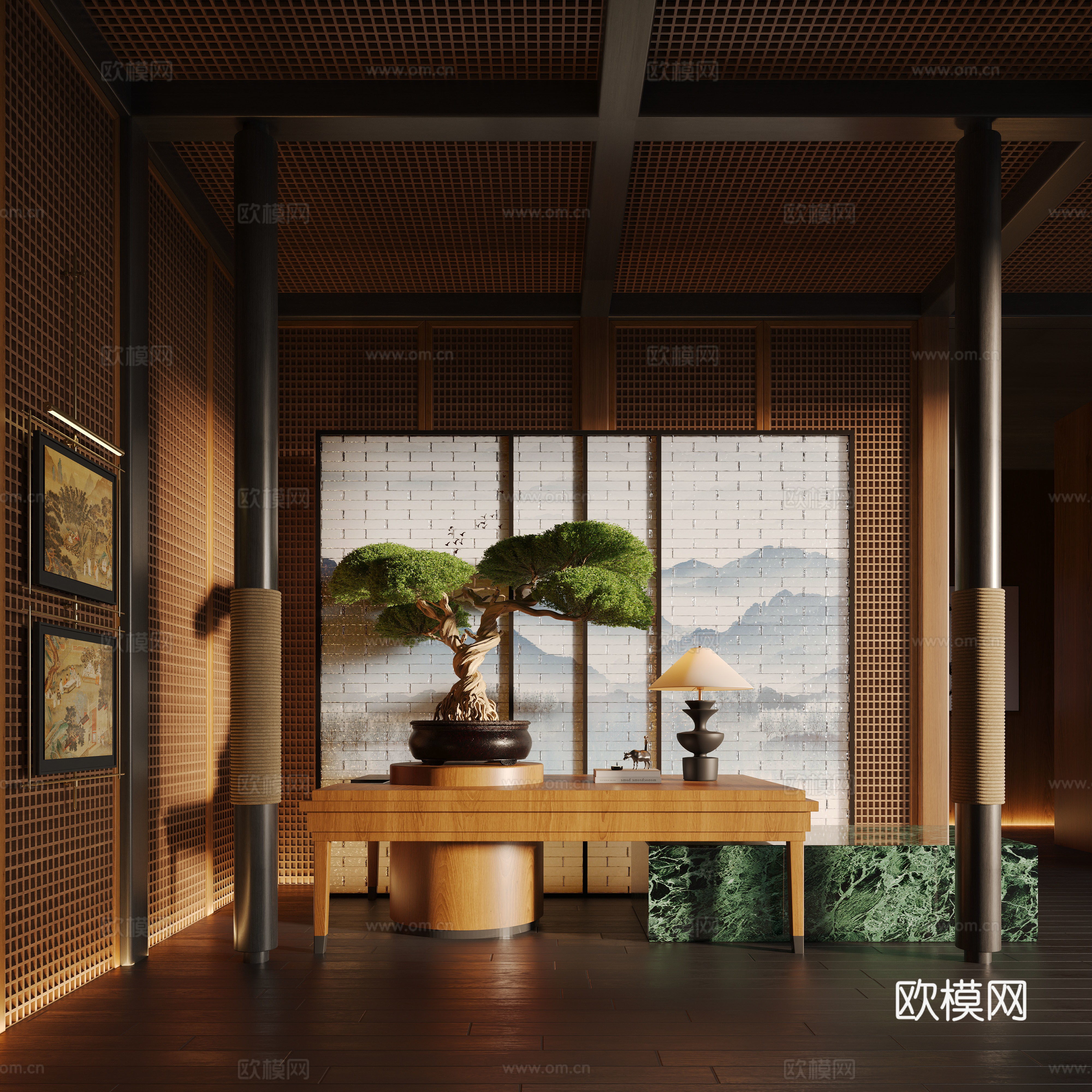 新中式酒店大厅 花艺装置 盆景 端景台su模型下载（渲染图1）