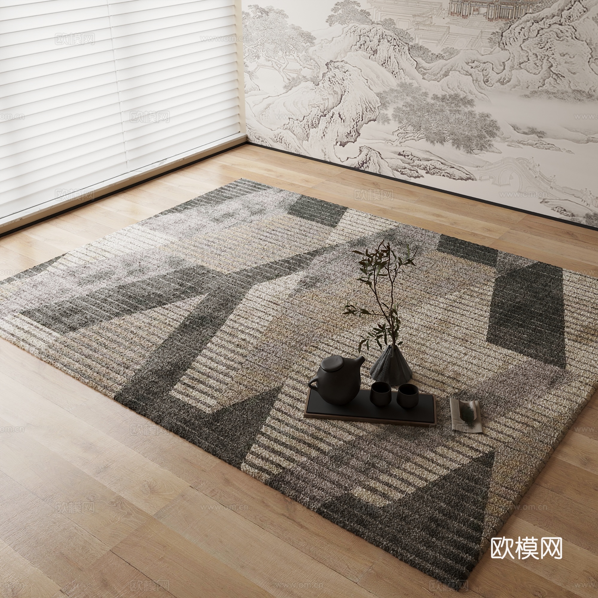 新中式地毯su模型下载（渲染图1）