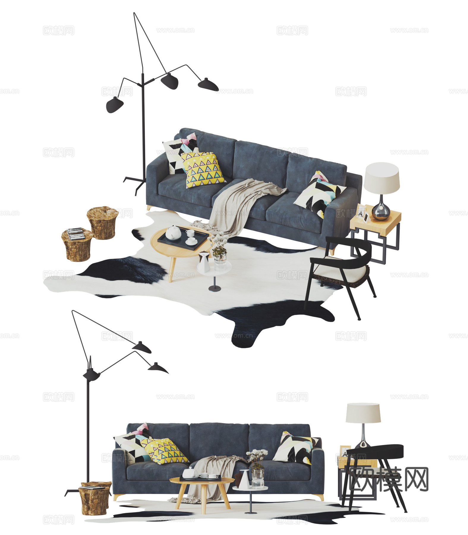 工业风沙发组合 多人沙发 木桩矮凳 多头落地灯 铁艺休闲椅3d模型下载