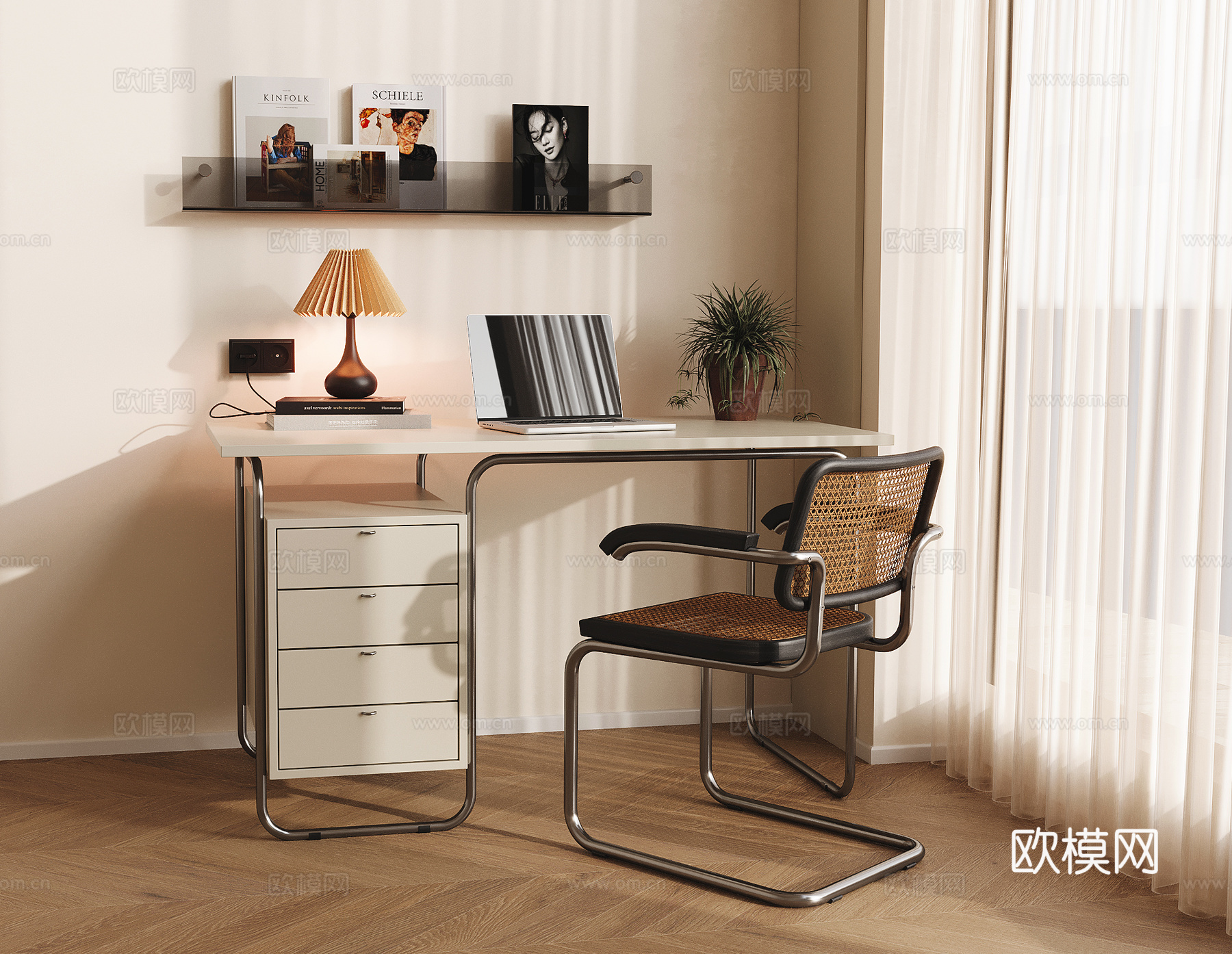 现代奶油风书桌椅组合 成人 台灯 摆件组合 书架su模型下载（渲染图1）