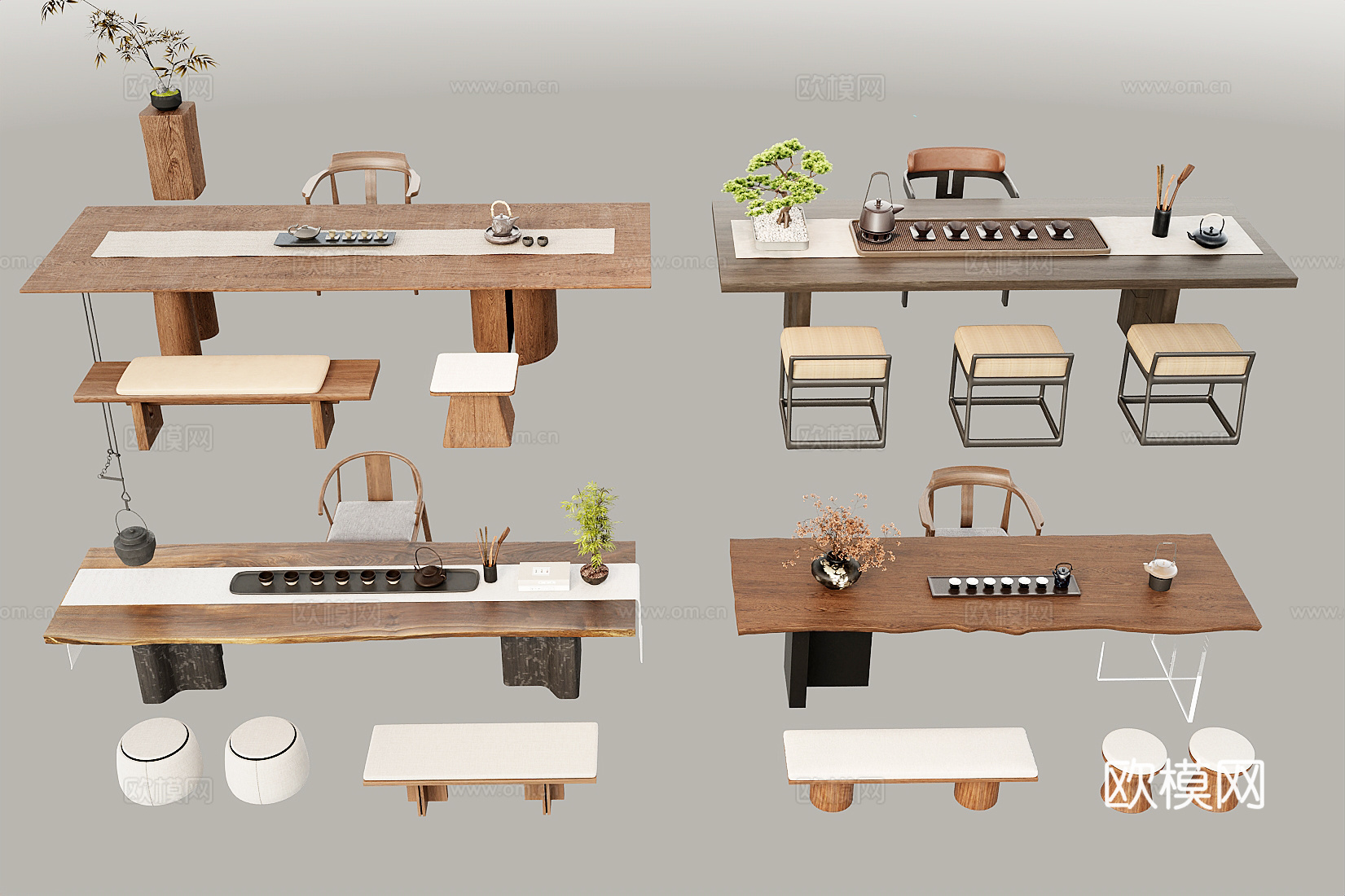新中式茶桌椅 新中式茶桌椅组合 茶具 盆栽摆件3d模型
