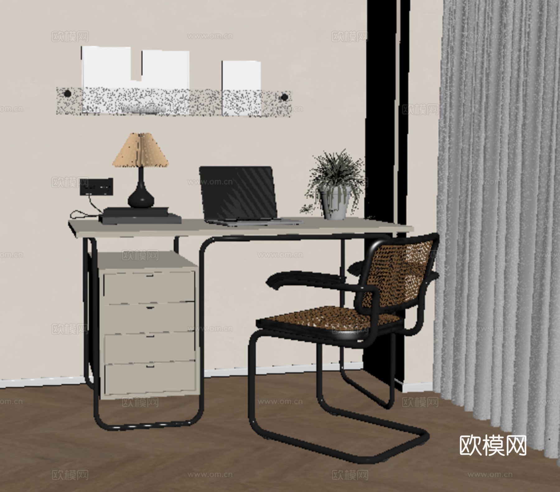 现代奶油风书桌椅组合 成人 台灯 摆件组合 书架su模型下载（渲染图2）