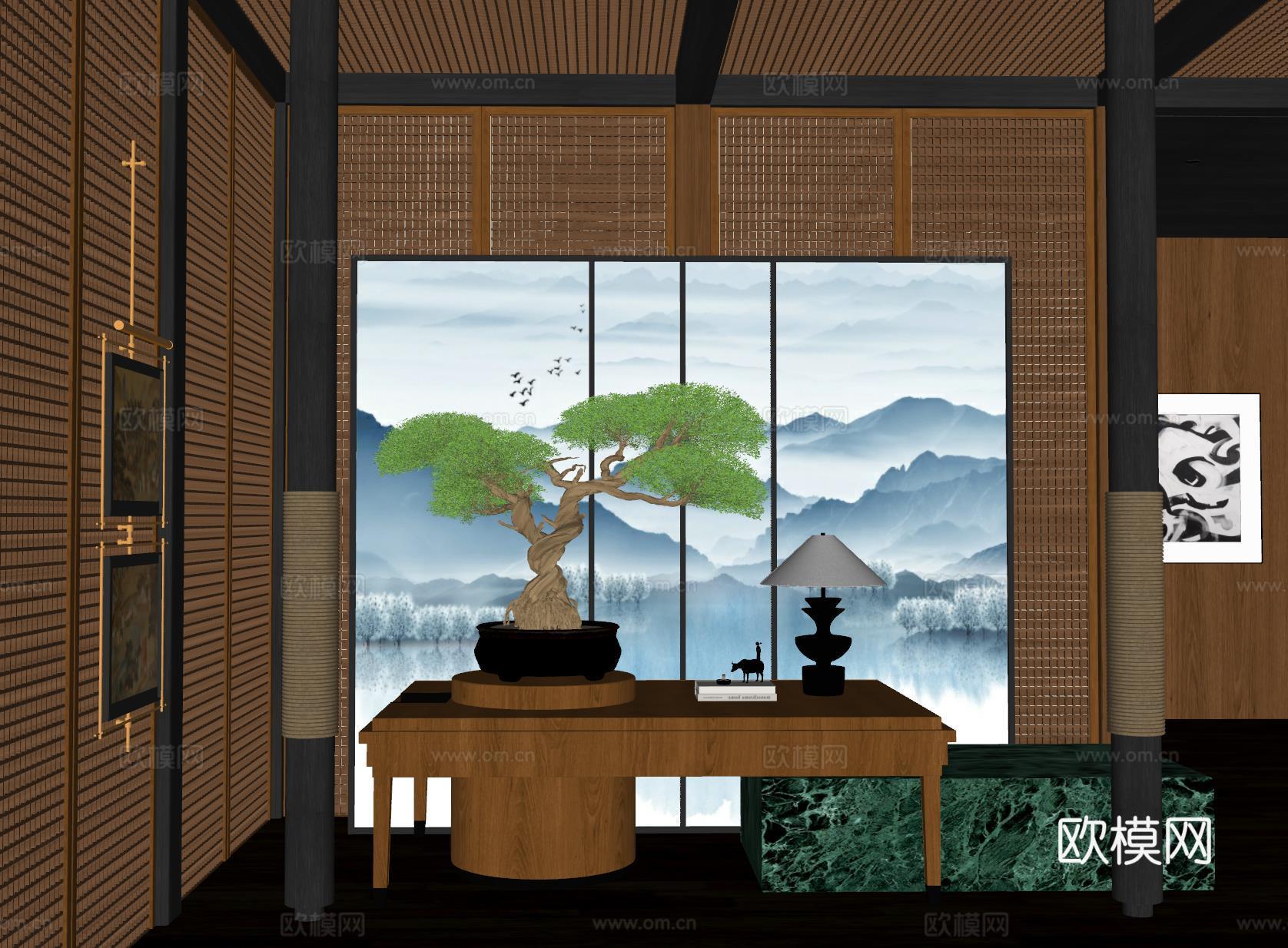 新中式酒店大厅 花艺装置 盆景 端景台su模型下载（渲染图2）