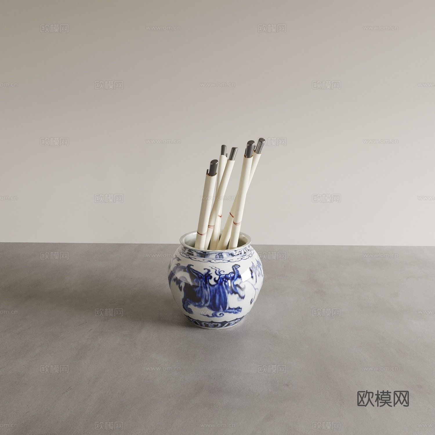 中式器皿 陶瓷 画卷 青花瓷 书房摆件3d模型