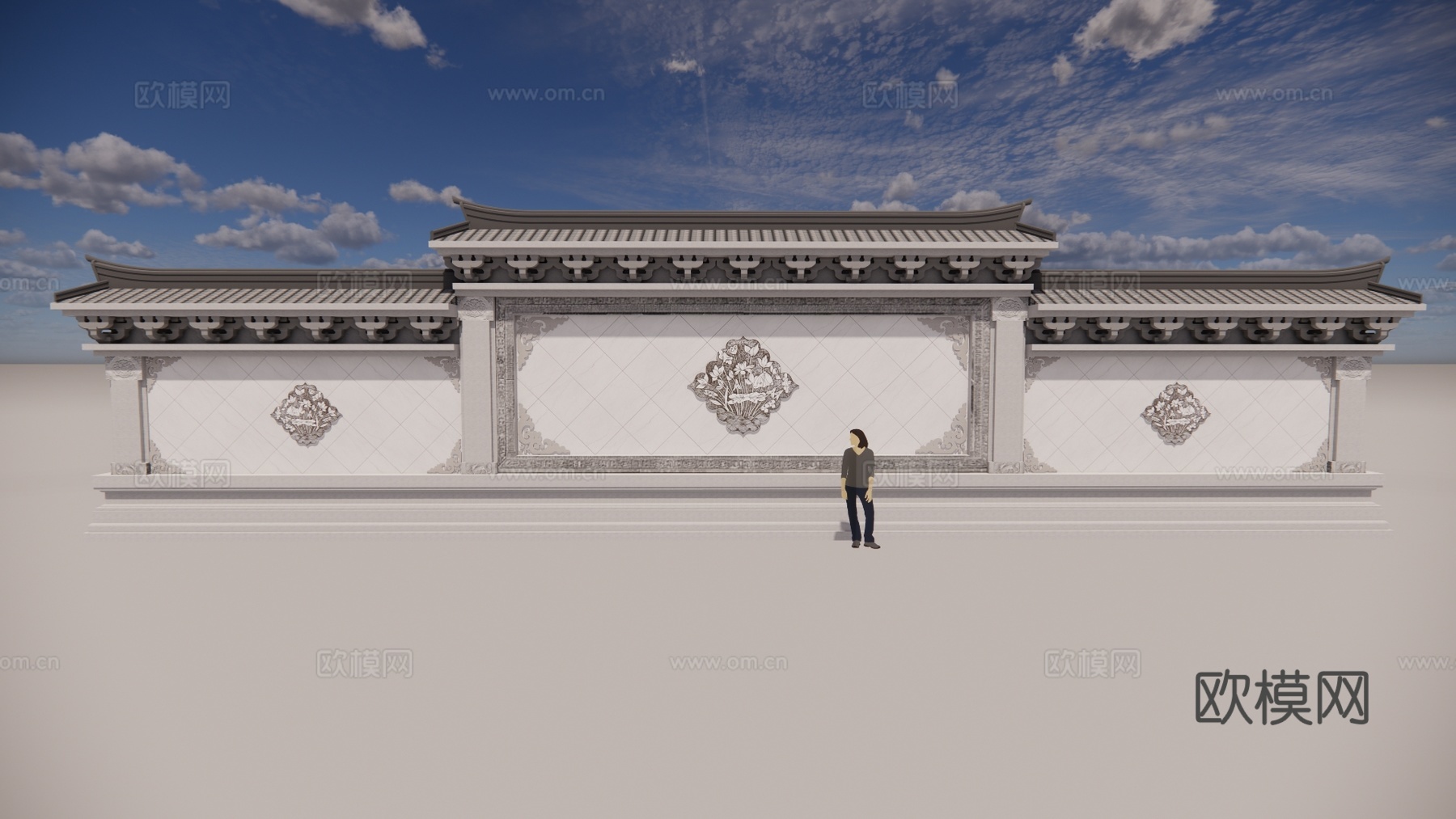 中式景墙照壁影壁三段对景墙莲花浮雕su模型下载（渲染图1）