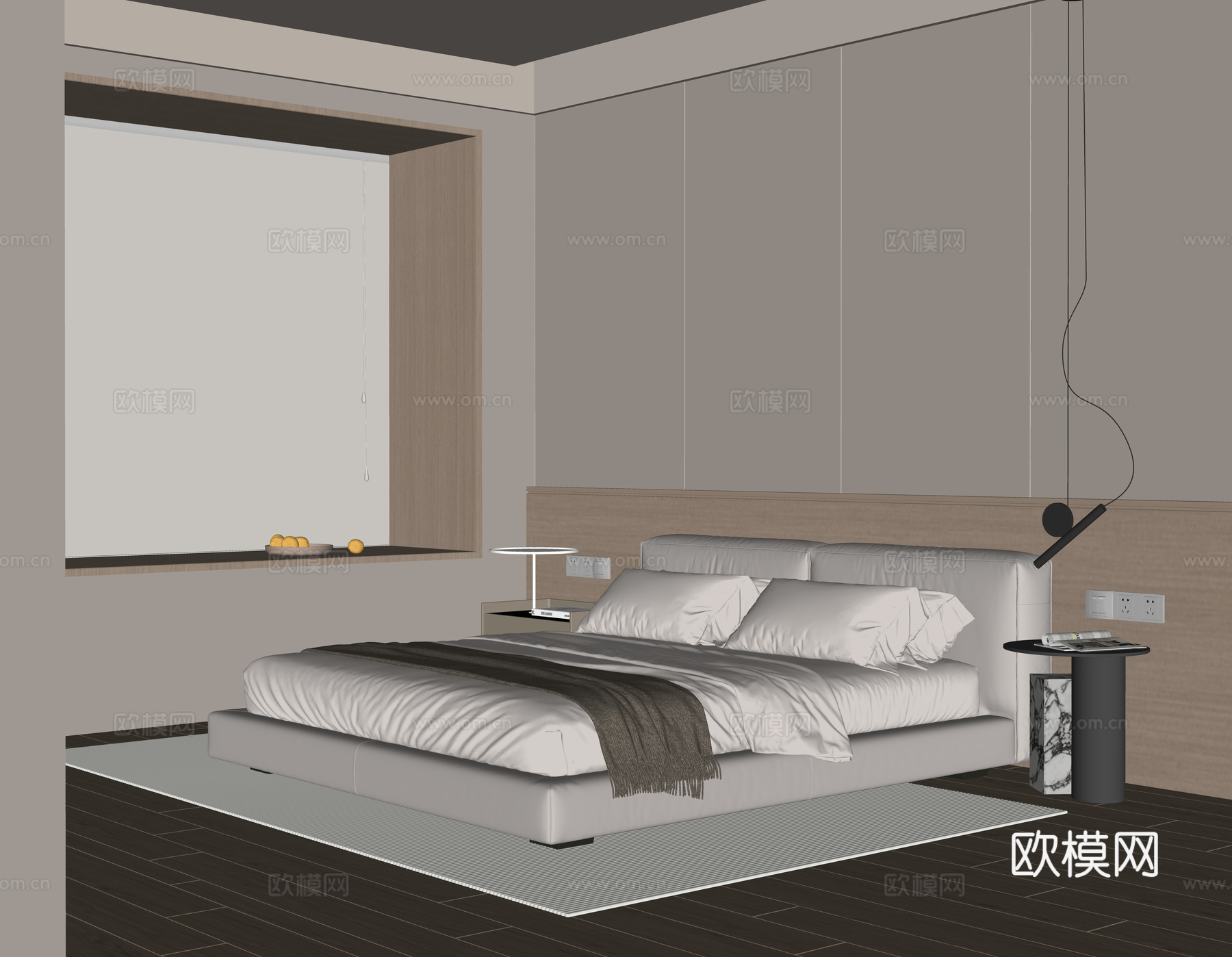 现代奶油风卧室 无主灯卧室 飘窗卧室 主卧室 奶油风双人床su模型