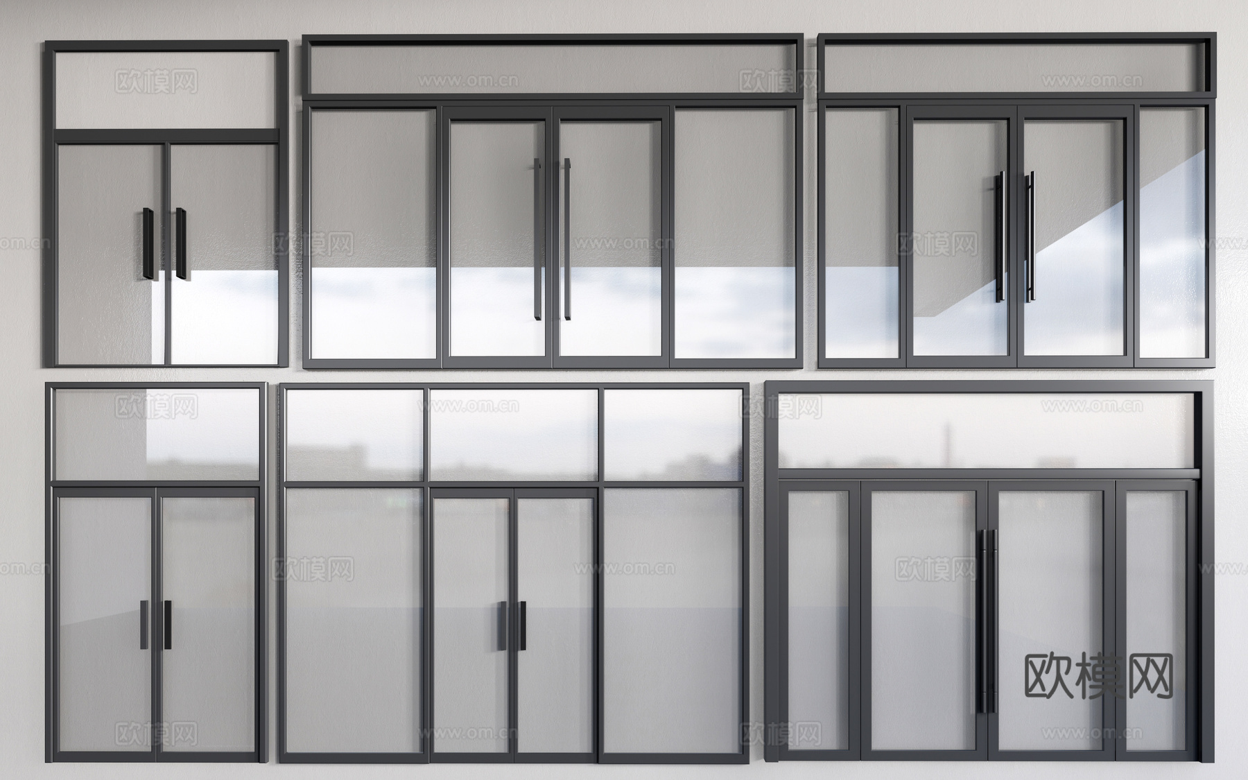 现代落地玻璃门窗 玻璃隔断 办公隔断 玻璃推拉门su模型