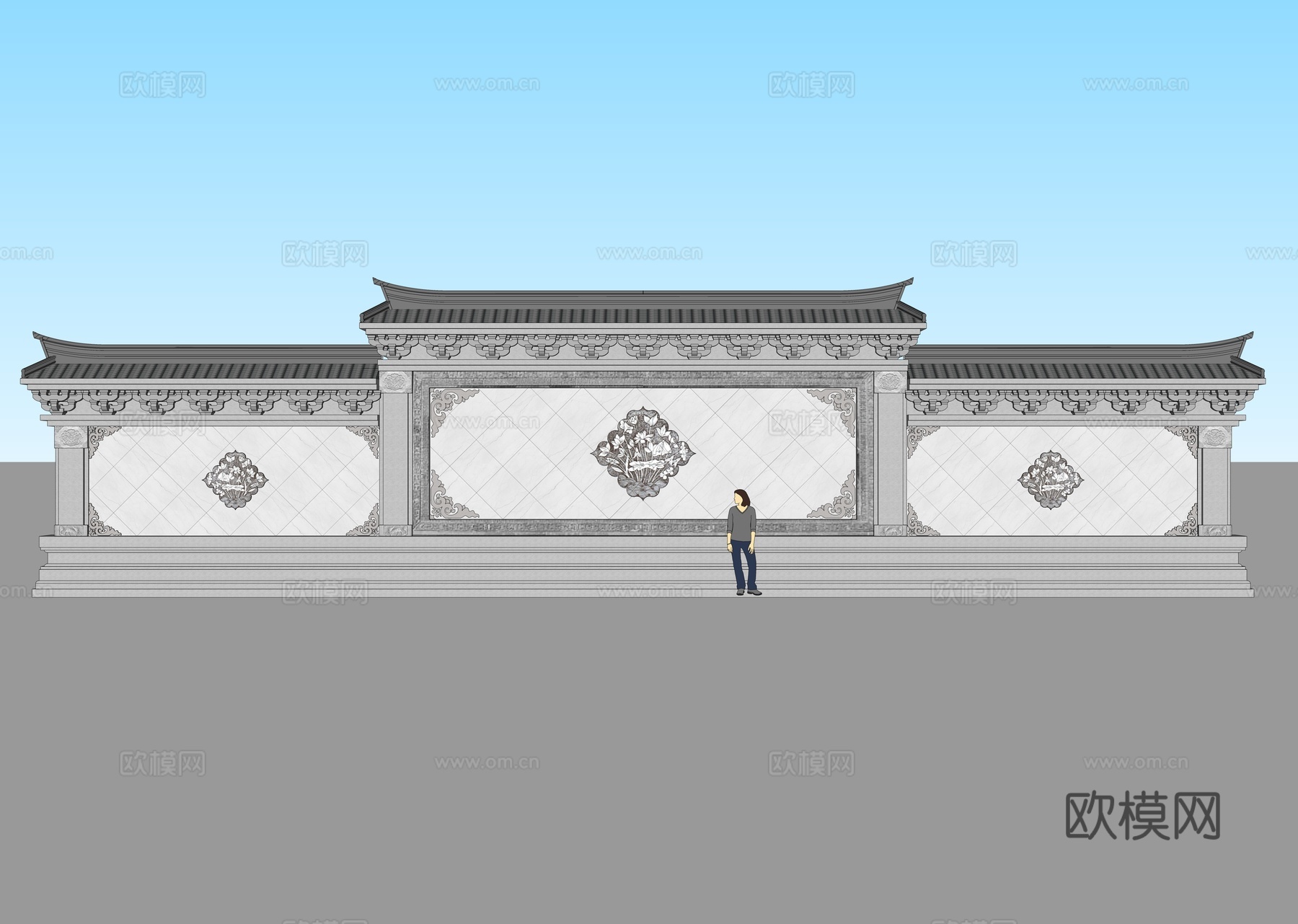 中式景墙照壁影壁三段对景墙莲花浮雕su模型下载（渲染图2）