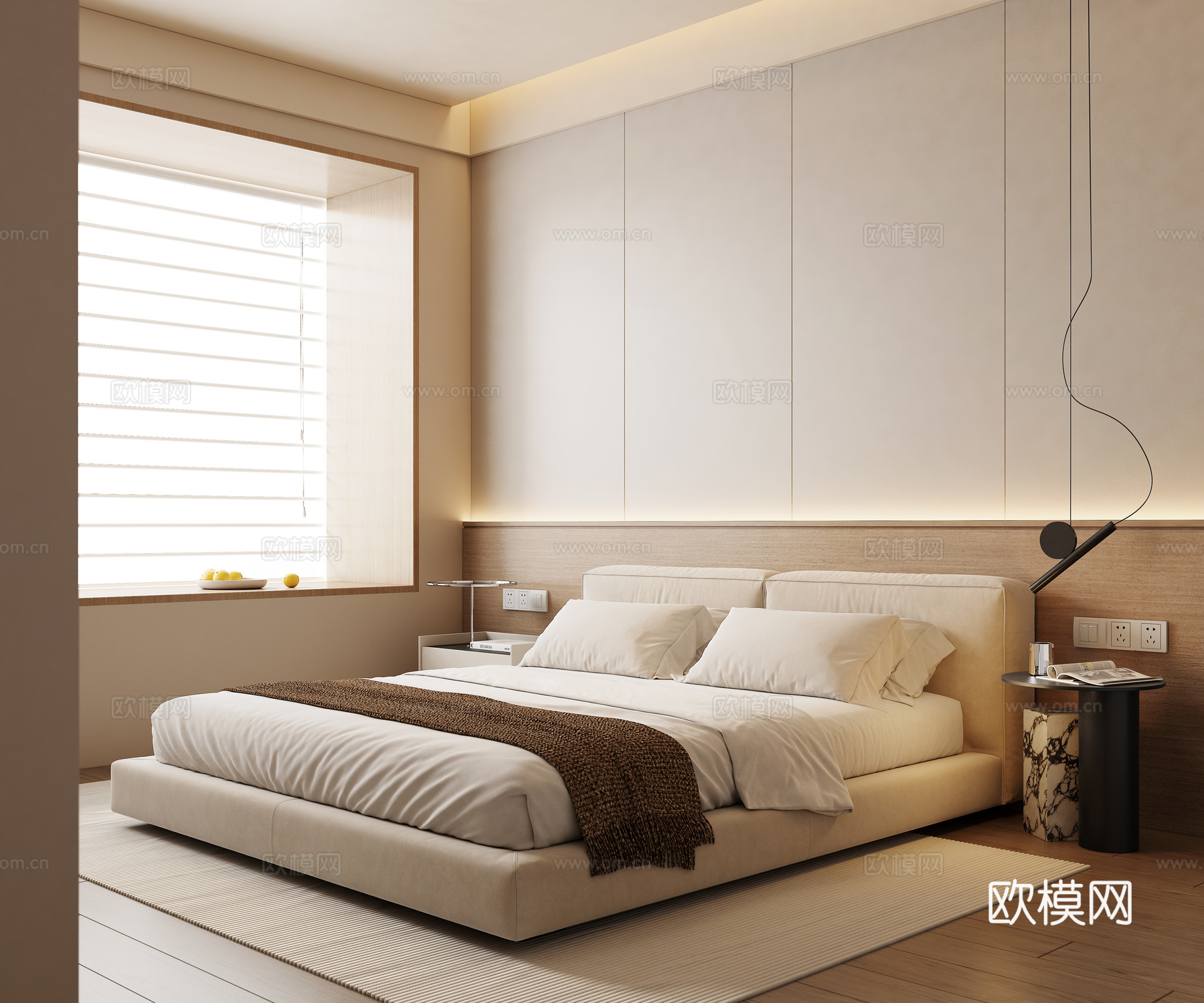 现代奶油风卧室 无主灯卧室 飘窗卧室 主卧室 奶油风双人床su模型