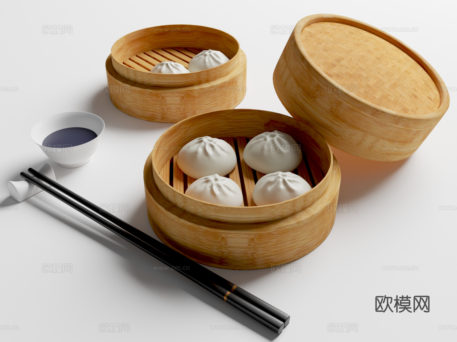 卡通食物  小笼包  包子 早餐 一笼小笼包3d模型下载