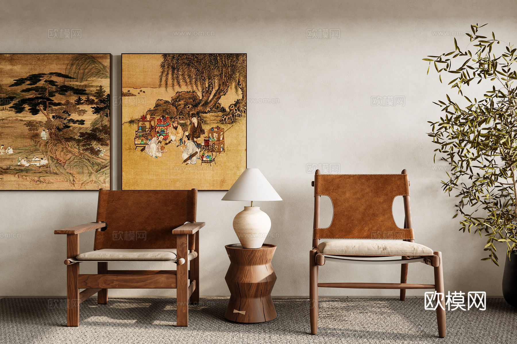 中式休闲椅  侘寂风休闲椅 休闲椅组合 单椅su模型下载（渲染图1）