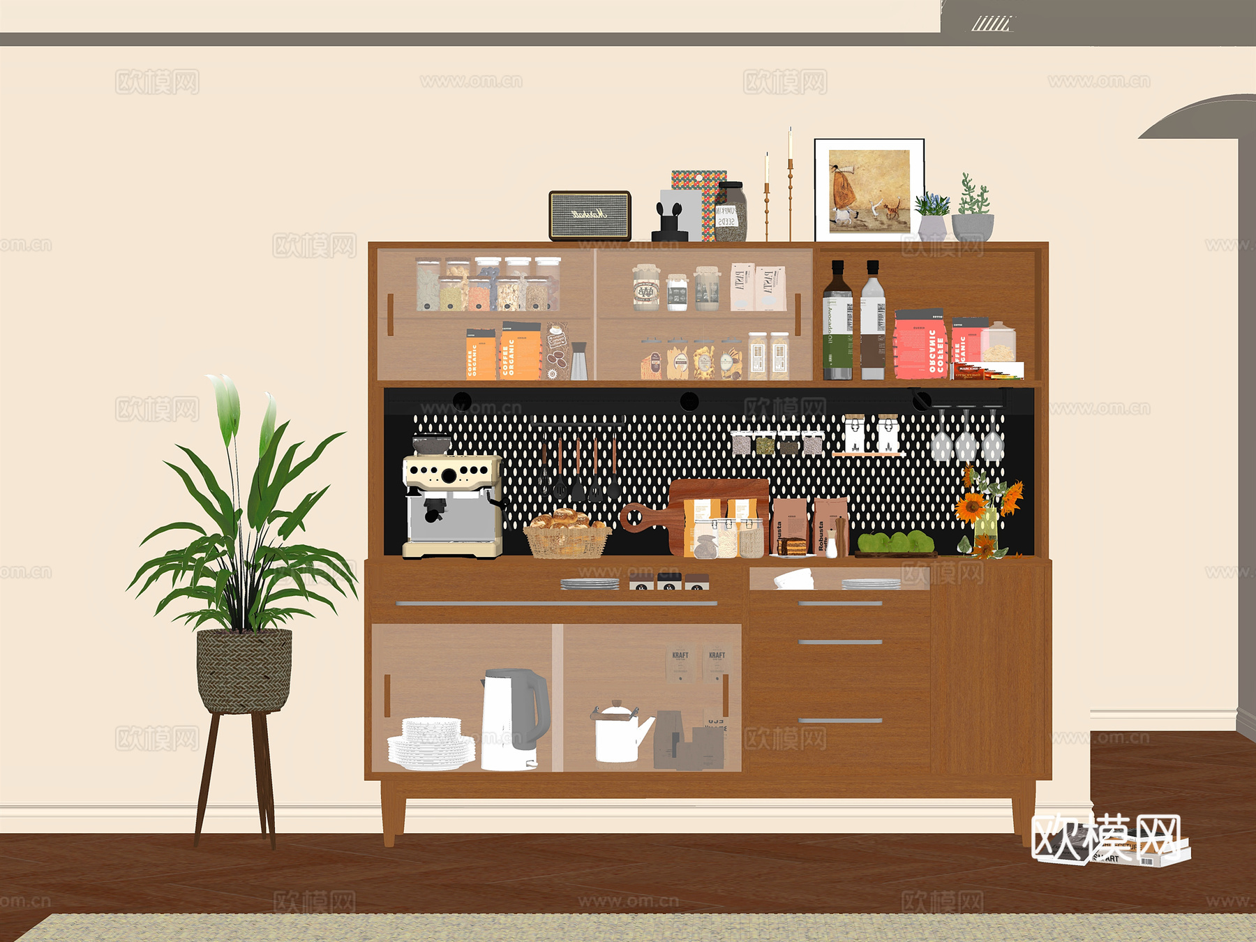 现代原木餐边柜 茶水柜 备餐柜 餐具摆件 盆栽绿植 洞洞板置su模型