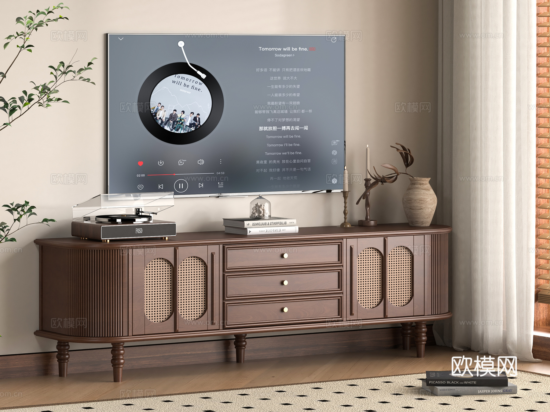 中古风电视柜 落地电视柜 成品电视柜su模型