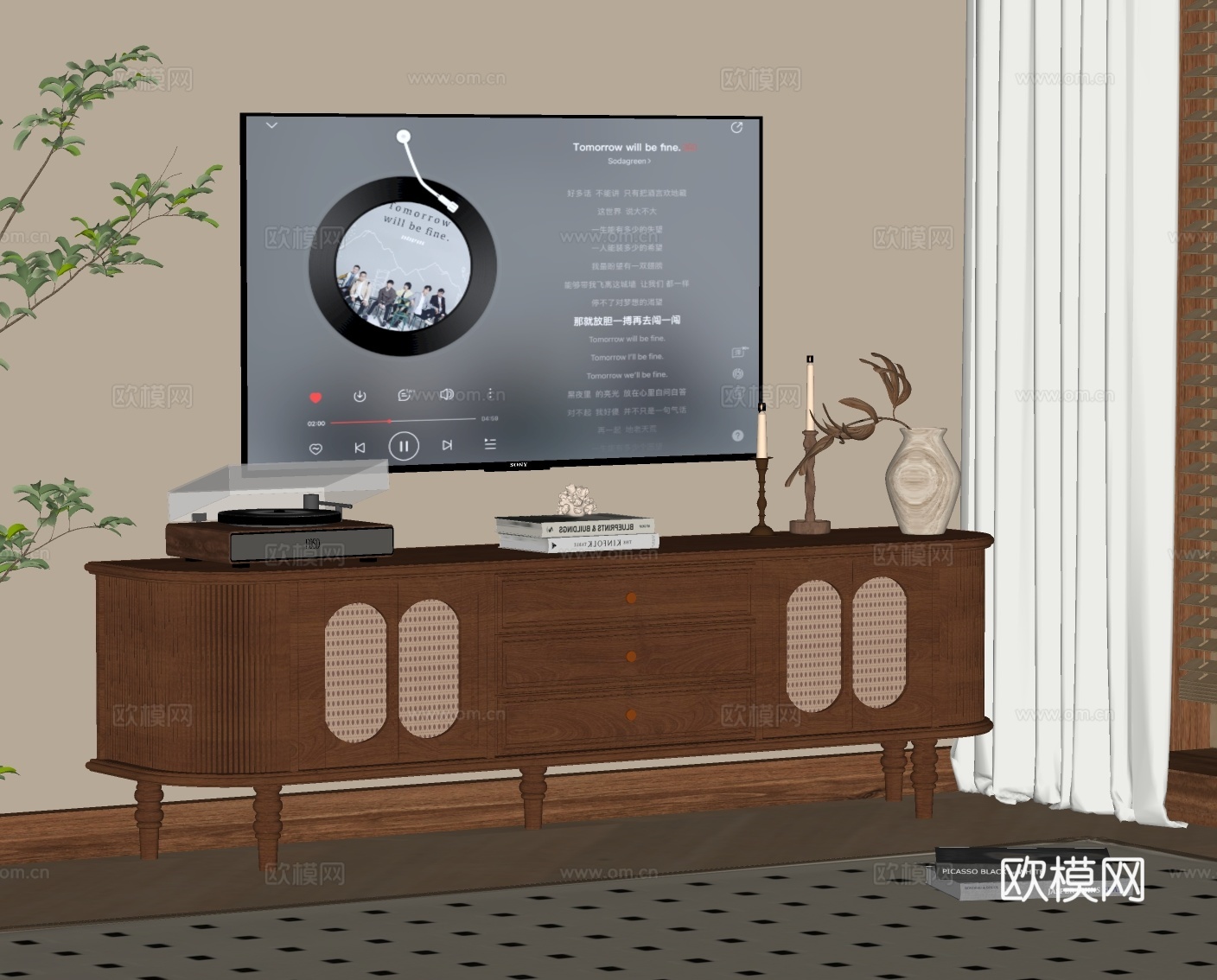 中古风电视柜 落地电视柜 成品电视柜su模型