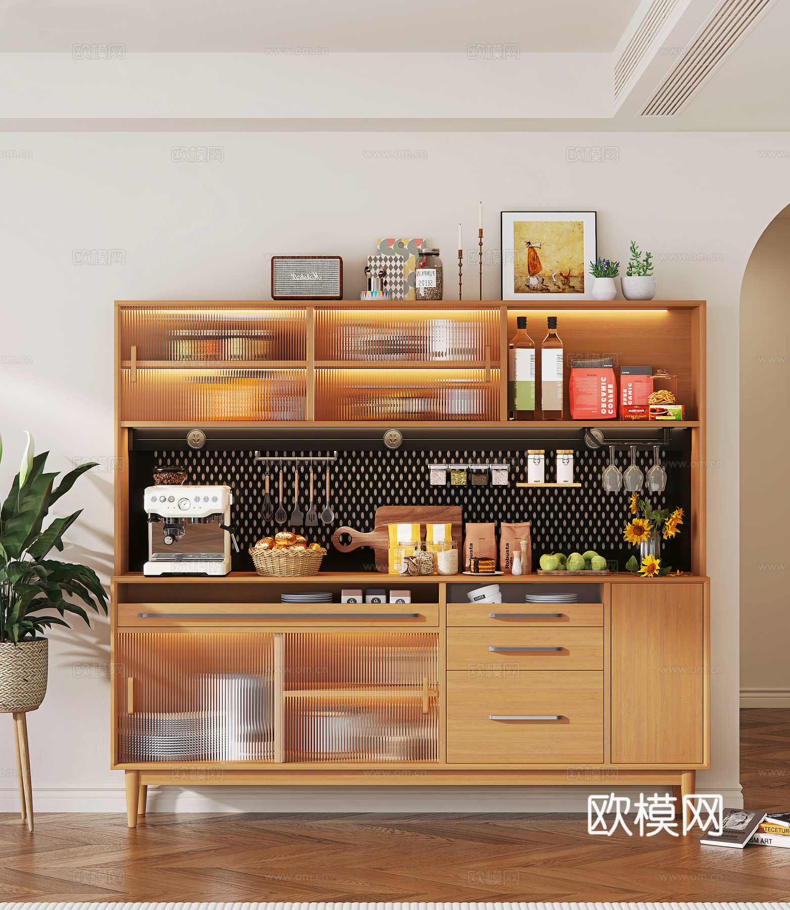 现代原木餐边柜 茶水柜 备餐柜 餐具摆件 盆栽绿植 洞洞板置su模型