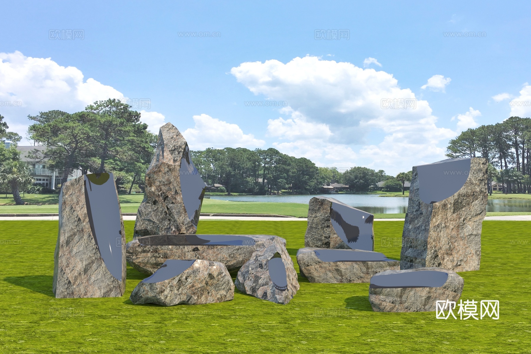 新中式景石雕塑3d模型