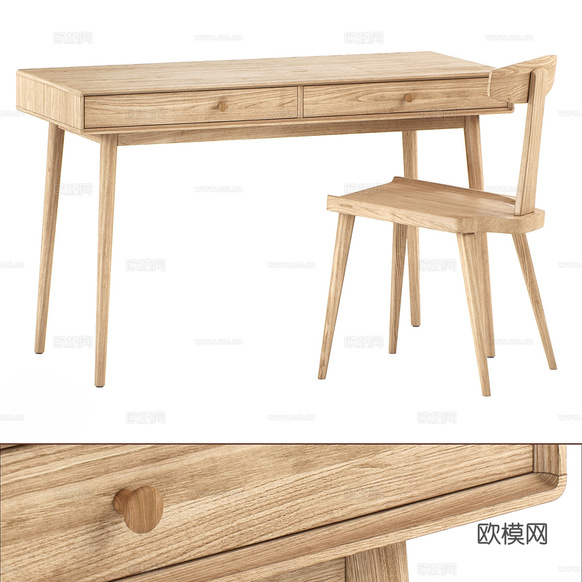 新中式木质书桌椅3d模型下载(渲染图1)