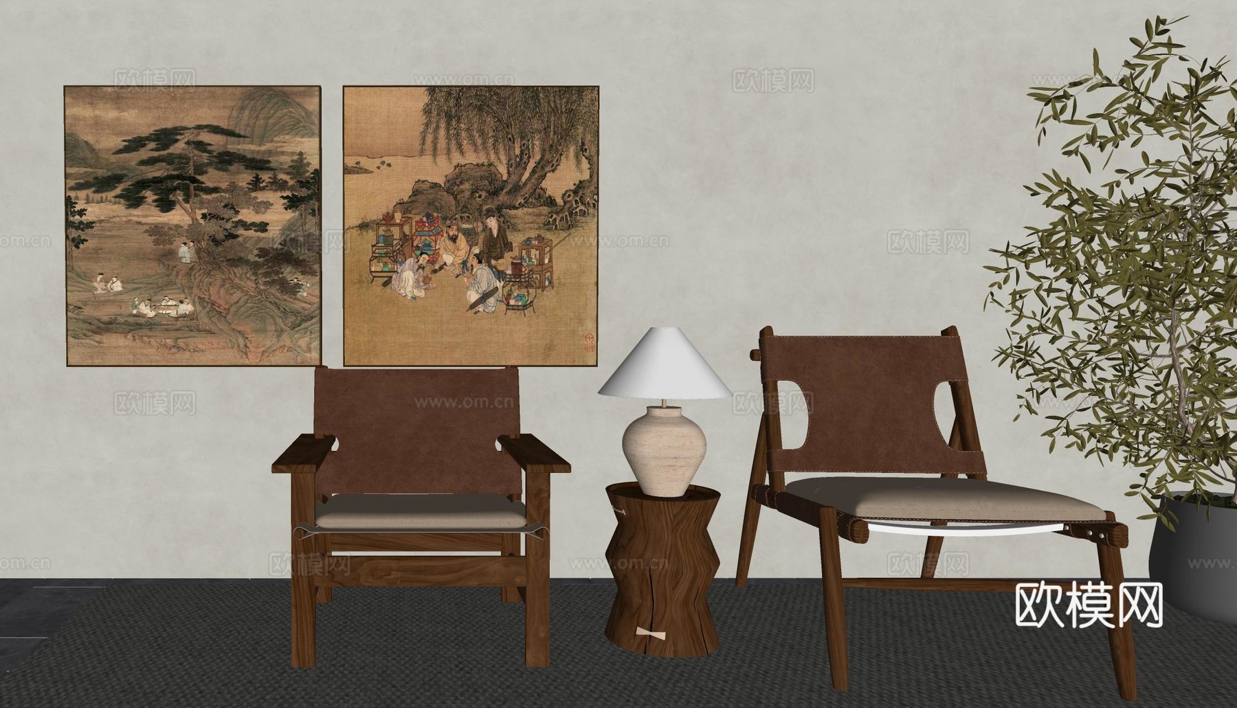 中式休闲椅  侘寂风休闲椅 休闲椅组合 单椅su模型下载（渲染图2）