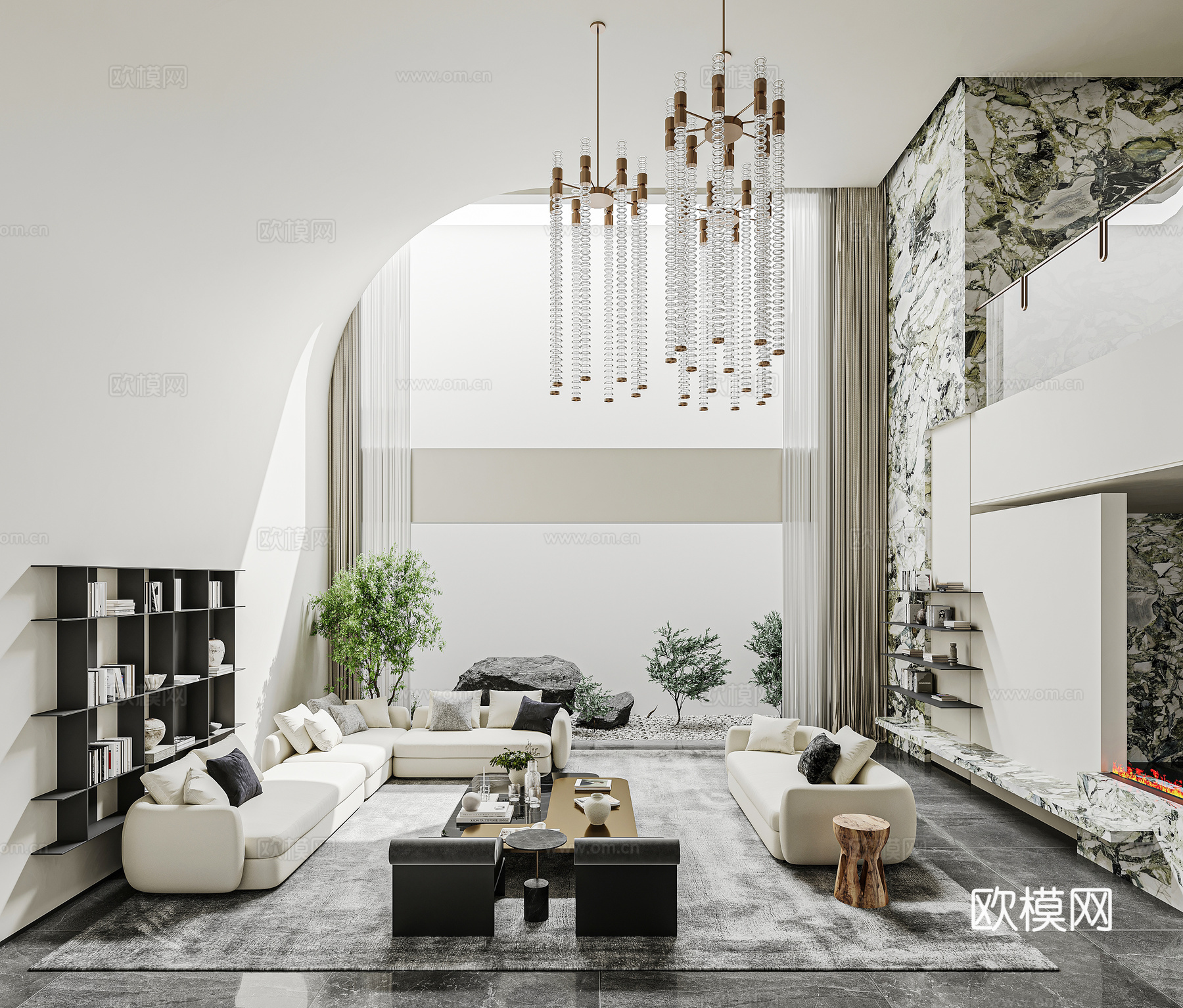 现代轻奢地下室会客厅 酒精壁炉 奢石 沙发茶几组合 水晶吊灯su模型