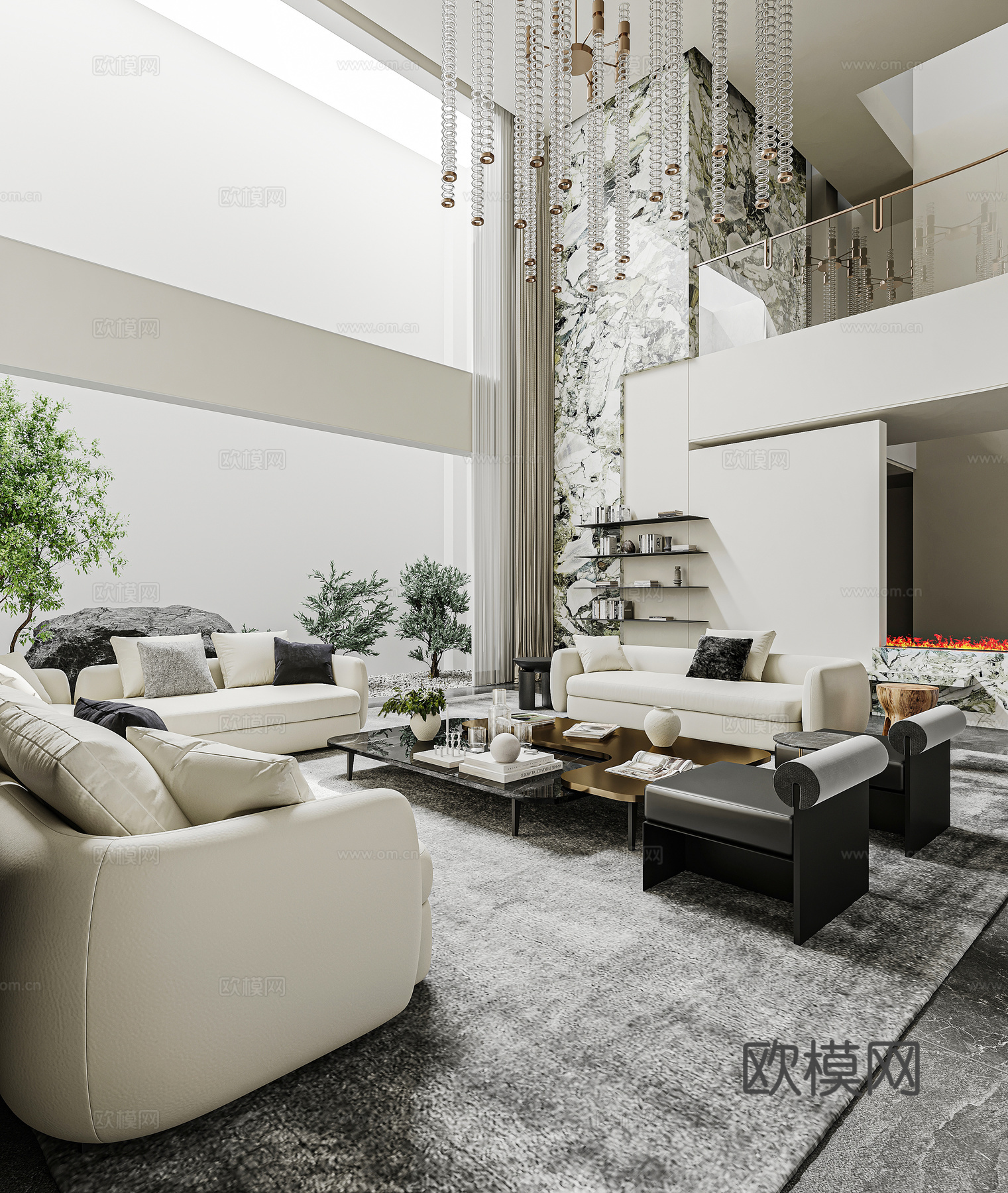 现代轻奢地下室会客厅 酒精壁炉 奢石 沙发茶几组合 水晶吊灯su模型