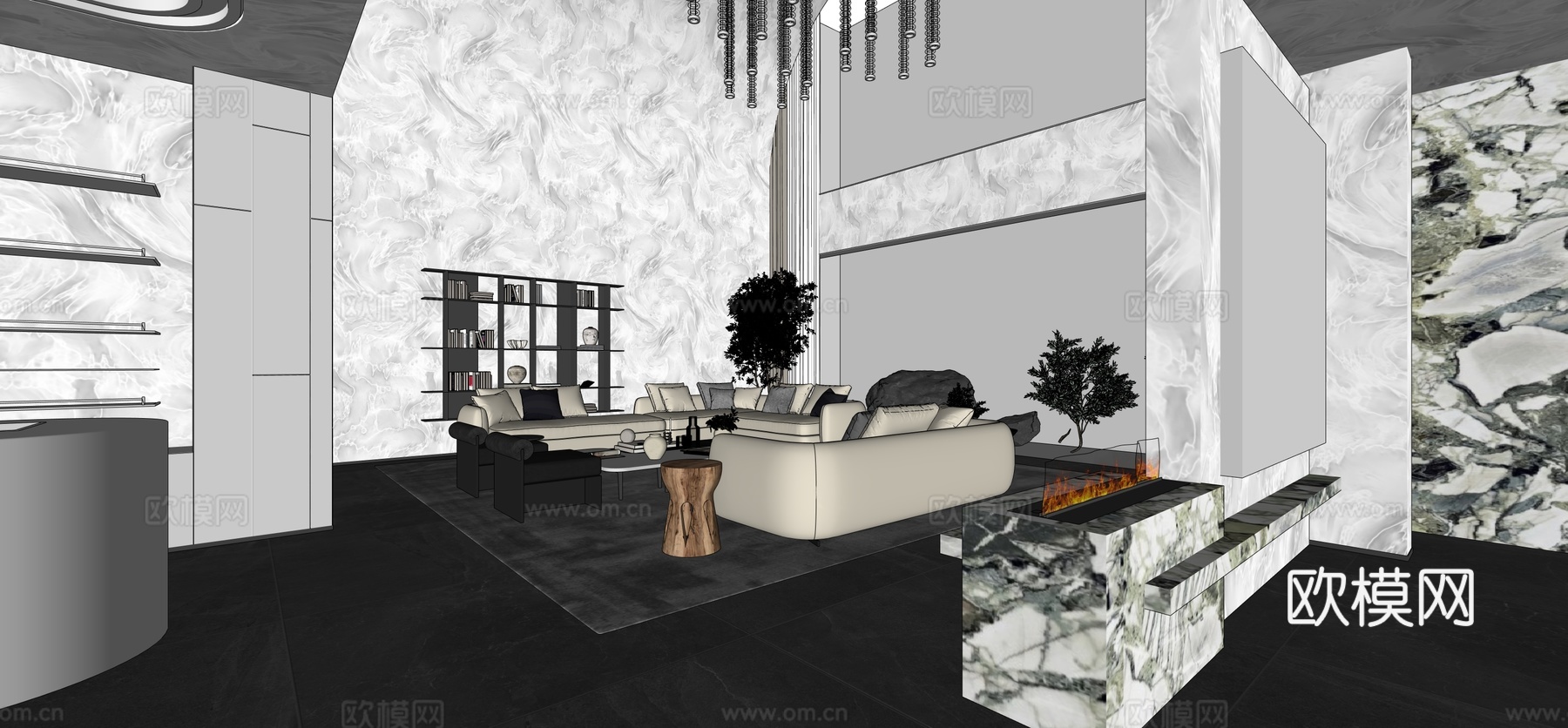 现代轻奢地下室会客厅 酒精壁炉 奢石 沙发茶几组合 水晶吊灯su模型
