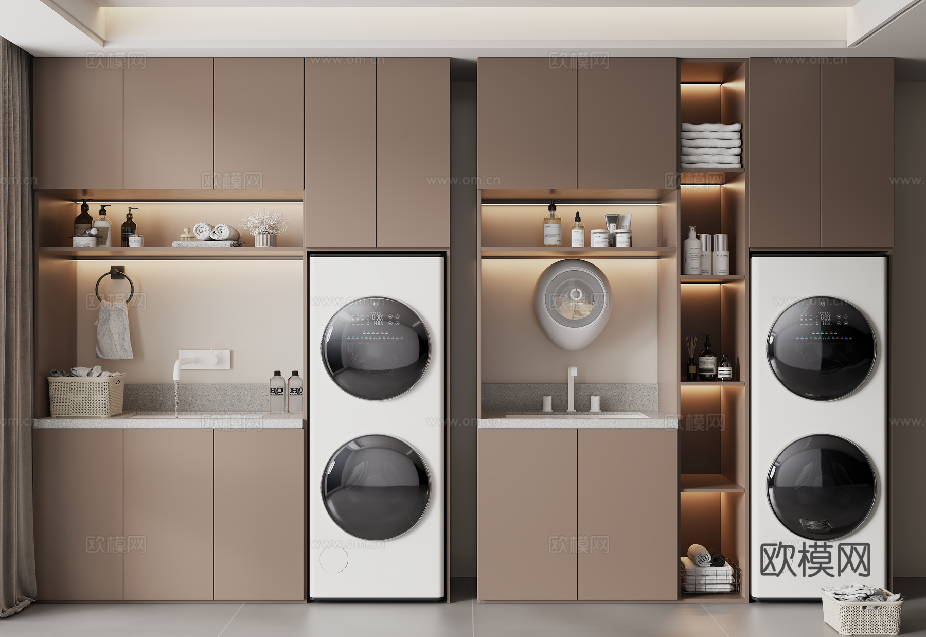 意式现代洗衣机柜 洗衣机 扫地机器人 绿植盆栽3d模型