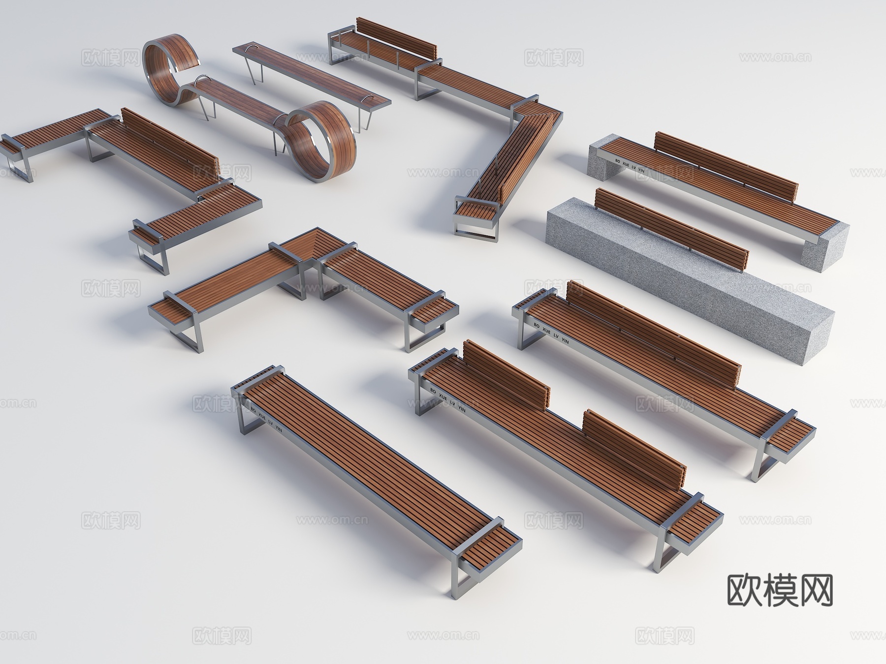 现代景观座椅 原木长凳 长条座凳 现代公园景观椅 户外座椅3d模型