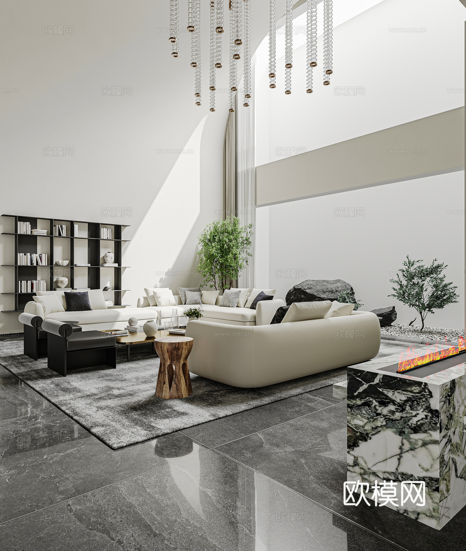 现代轻奢地下室会客厅 酒精壁炉 奢石 沙发茶几组合 水晶吊灯su模型