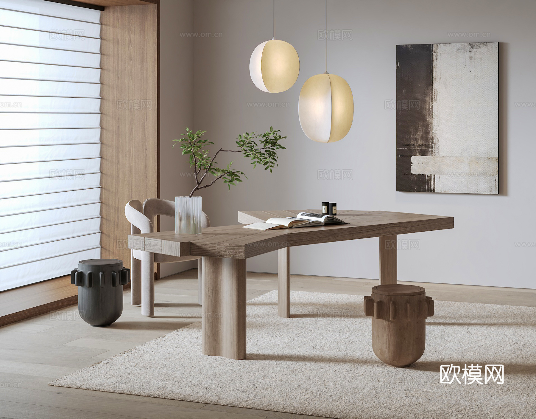 Cassina 书桌椅组合 蝴蝶形书桌 异形书桌椅 吊灯su模型下载（渲染图1）