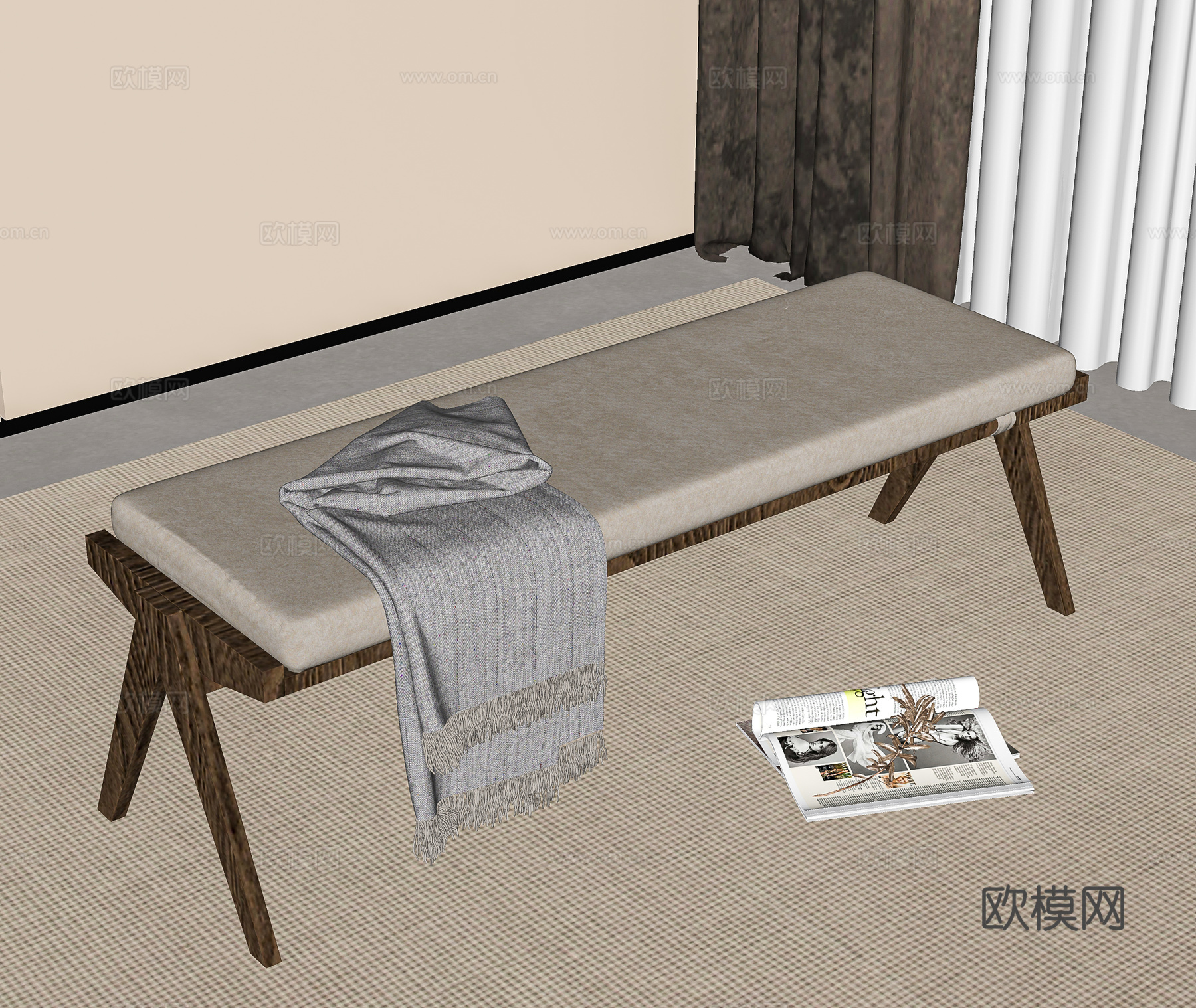 侘寂中古长凳床尾凳su模型