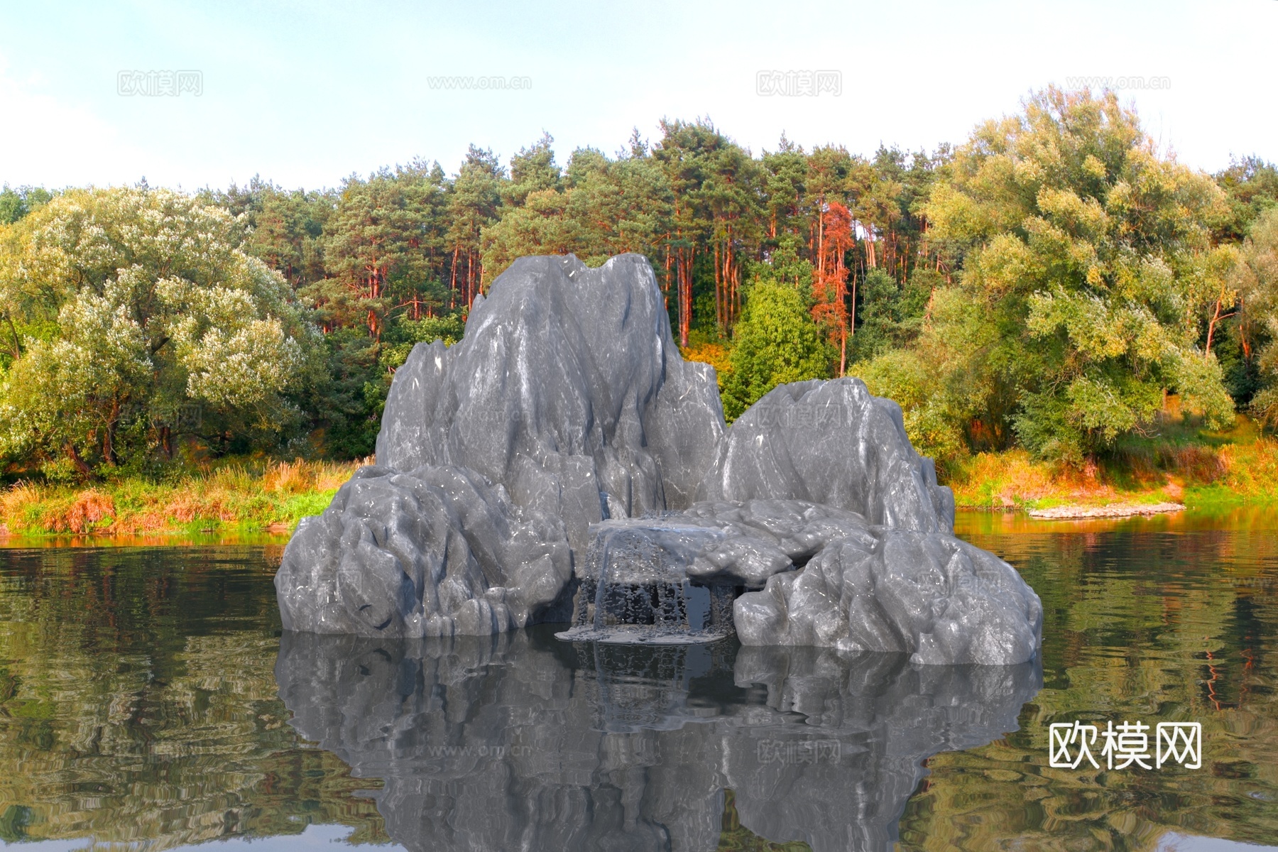 现代假山水景 石山流水3d模型