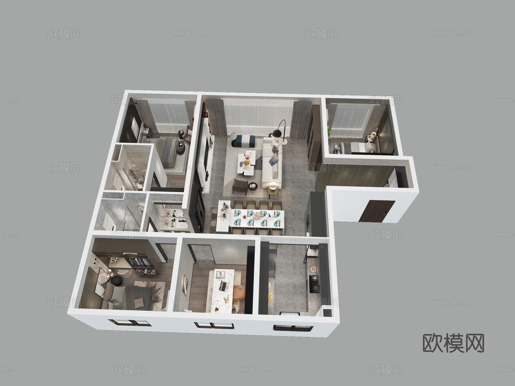 现代家装样板间鸟瞰图3d模型