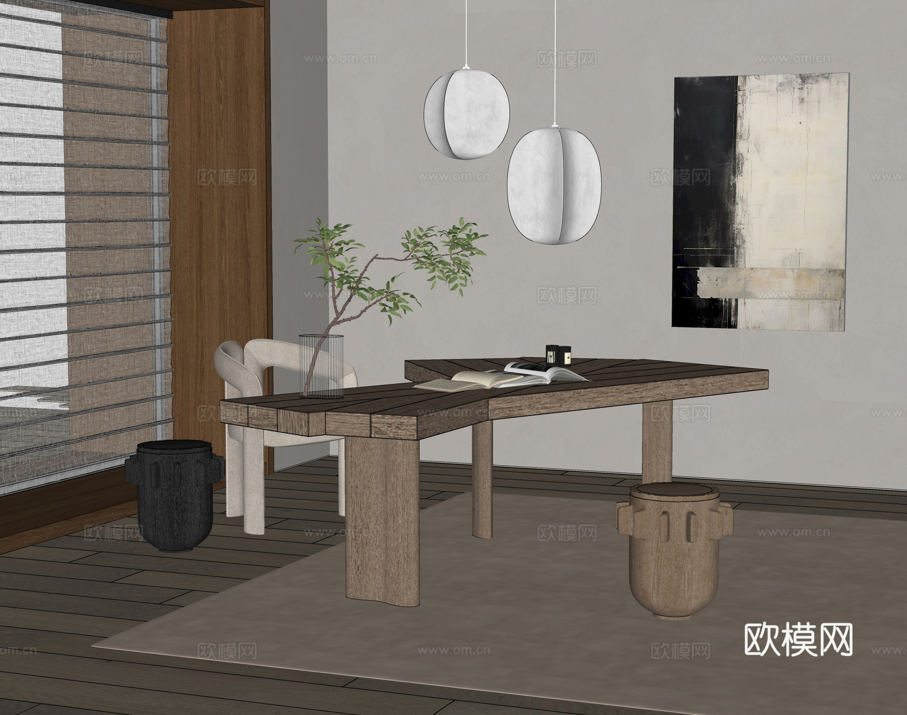 Cassina 书桌椅组合 蝴蝶形书桌 异形书桌椅 吊灯su模型下载（渲染图2）