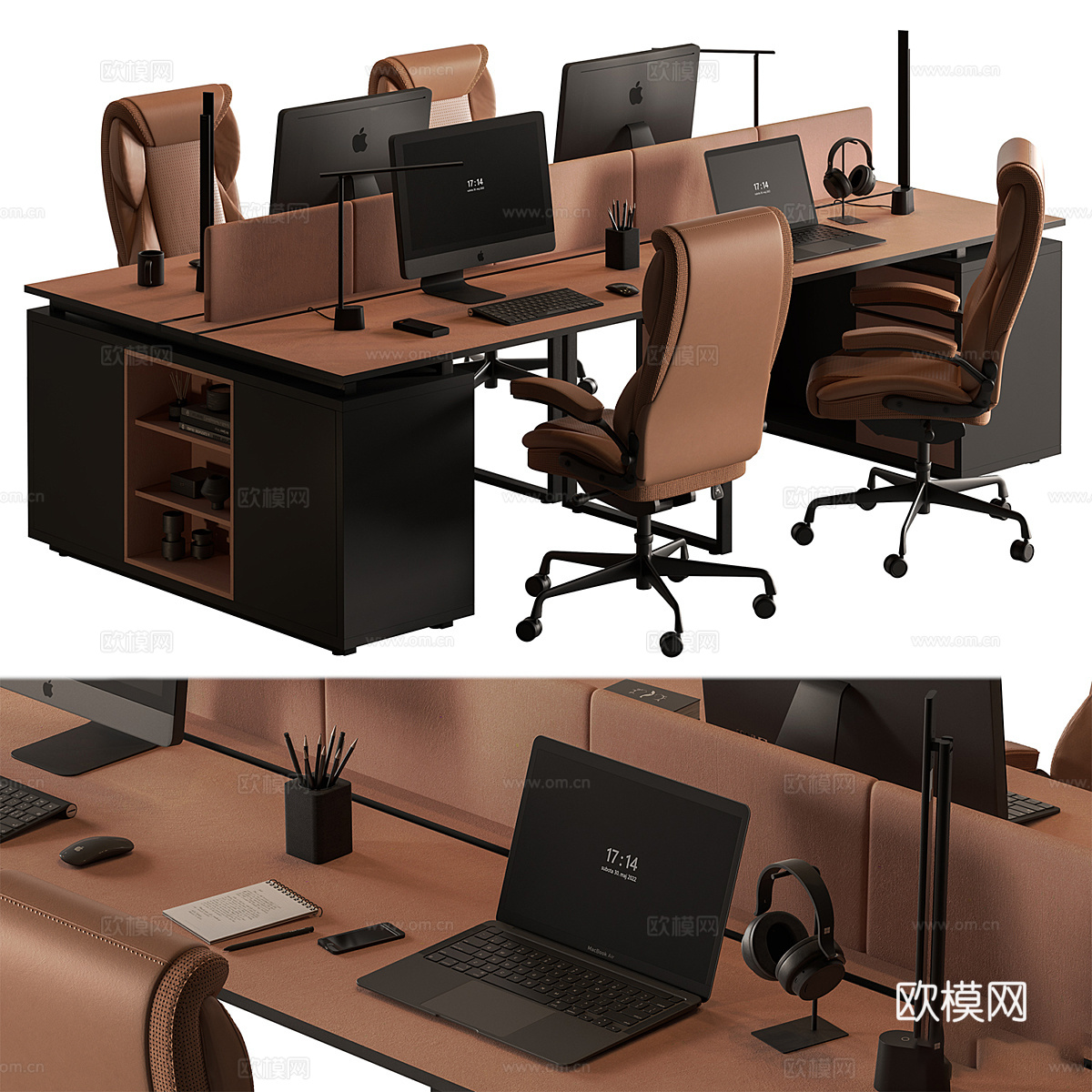 新中式皮革办公桌椅3d模型