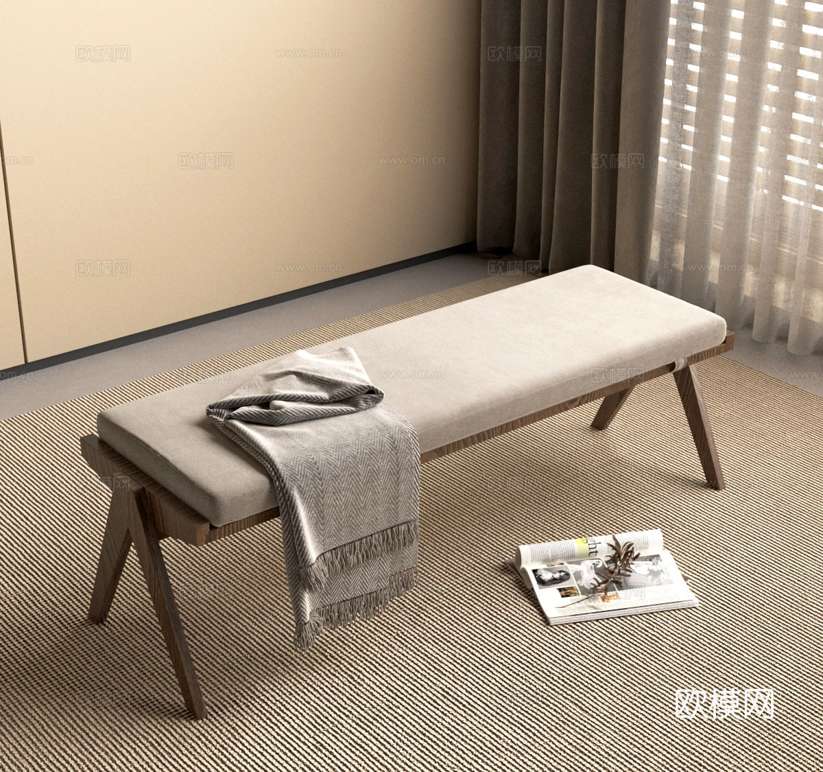 侘寂中古长凳床尾凳su模型