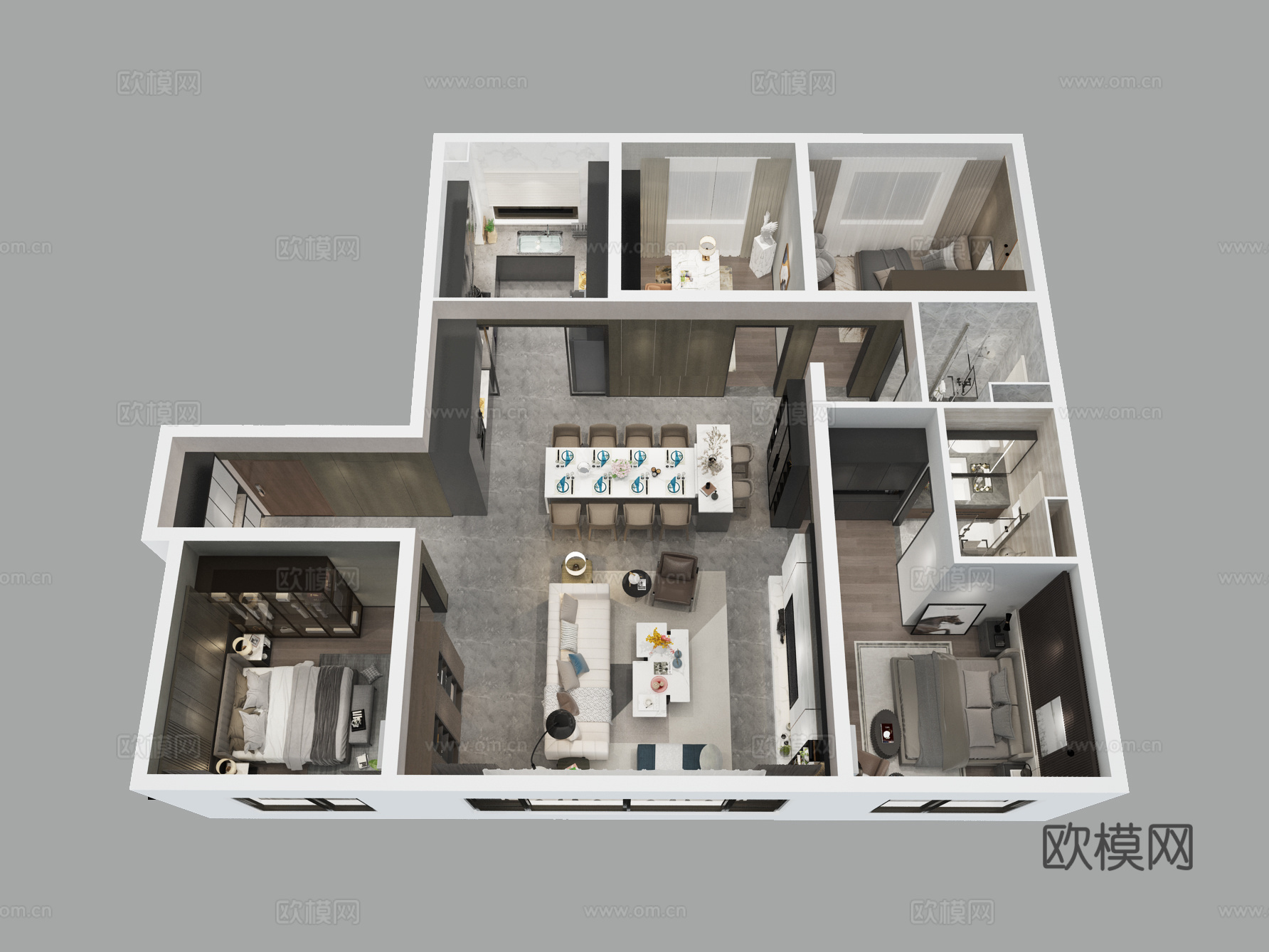 现代家装样板间鸟瞰图3d模型