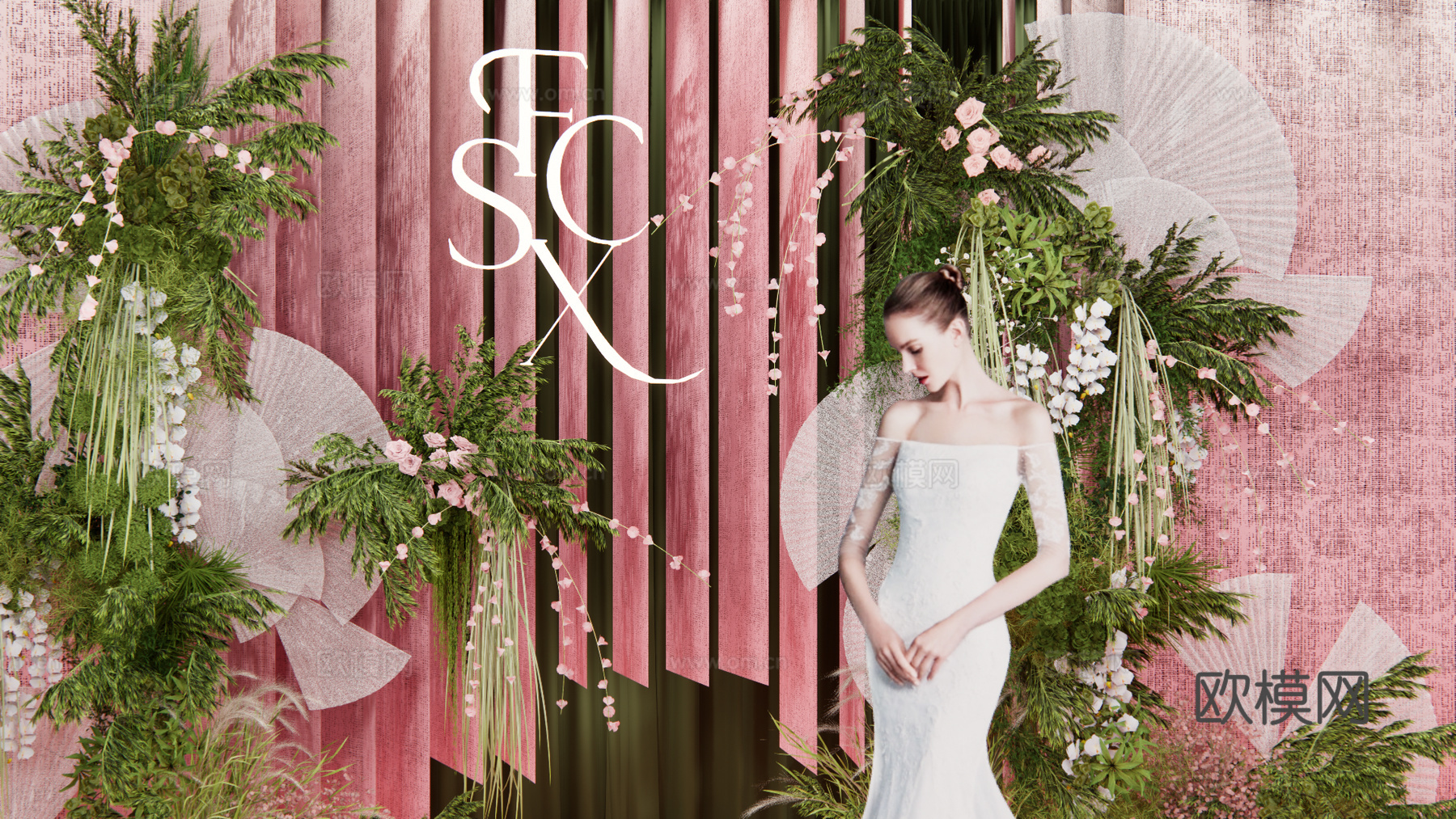 小众粉色渐变纱 婚礼花艺设计su模型下载（渲染图3）