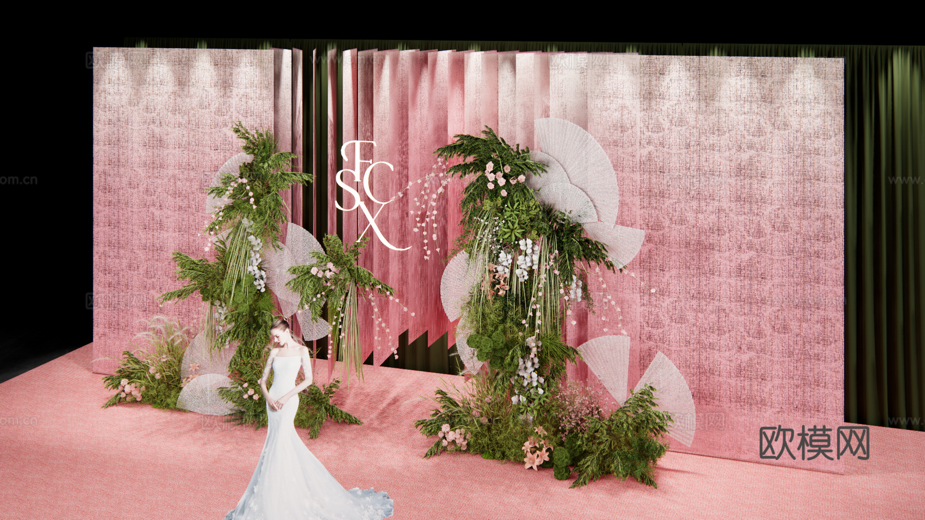 小众粉色渐变纱 婚礼花艺设计su模型下载（渲染图2）