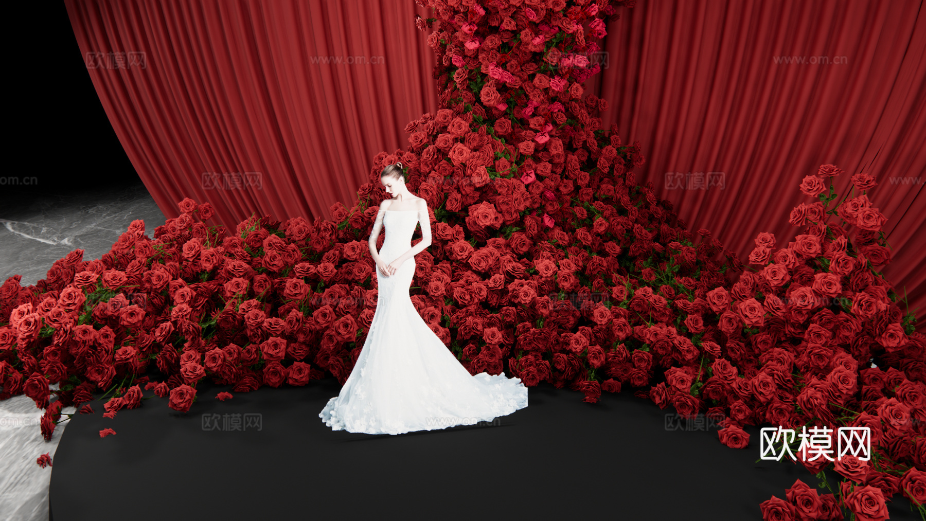 小众红色秀场风单只红玫瑰花艺造型婚礼设计su模型下载（渲染图4）