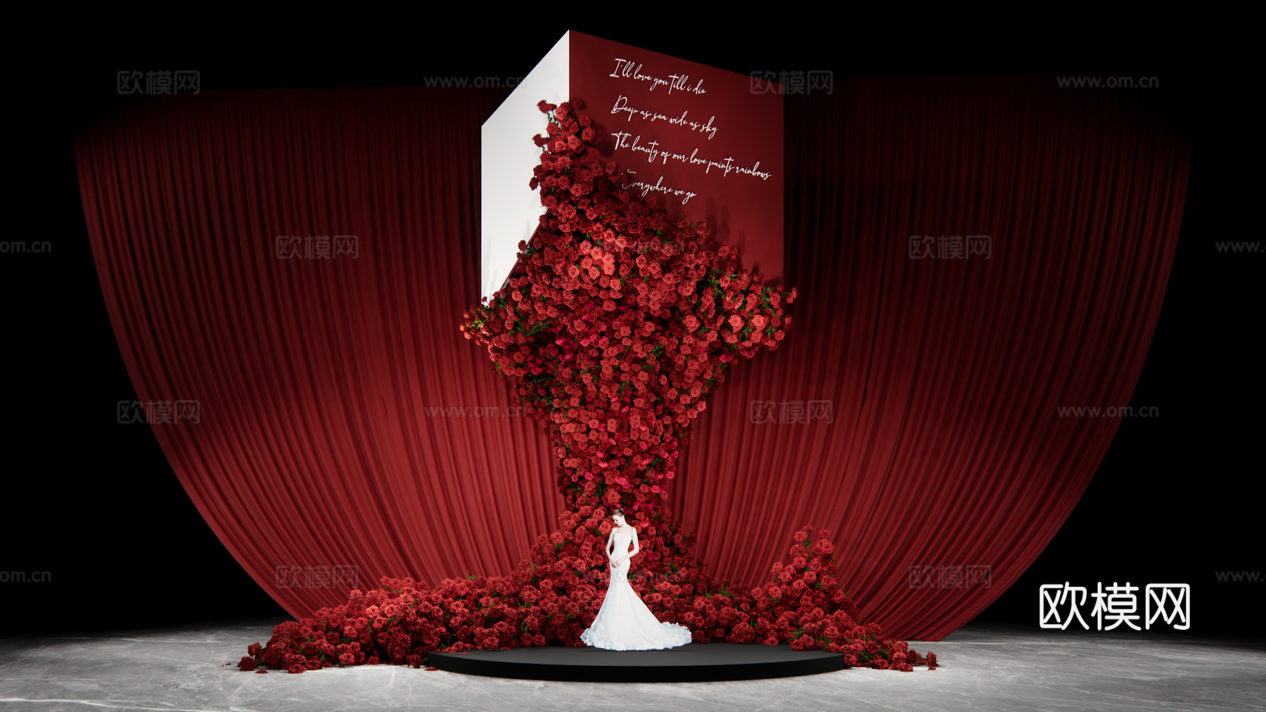 小众红色秀场风单只红玫瑰花艺造型婚礼设计su模型下载（渲染图1）