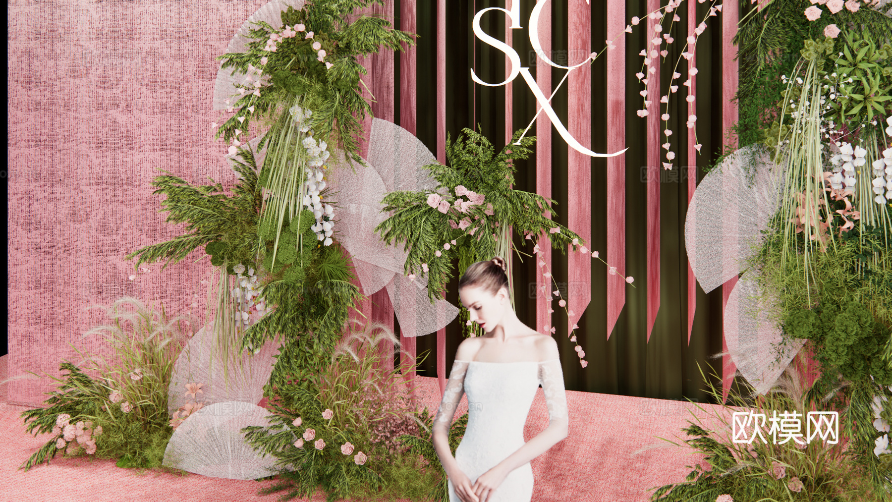 小众粉色渐变纱 婚礼花艺设计su模型下载（渲染图4）