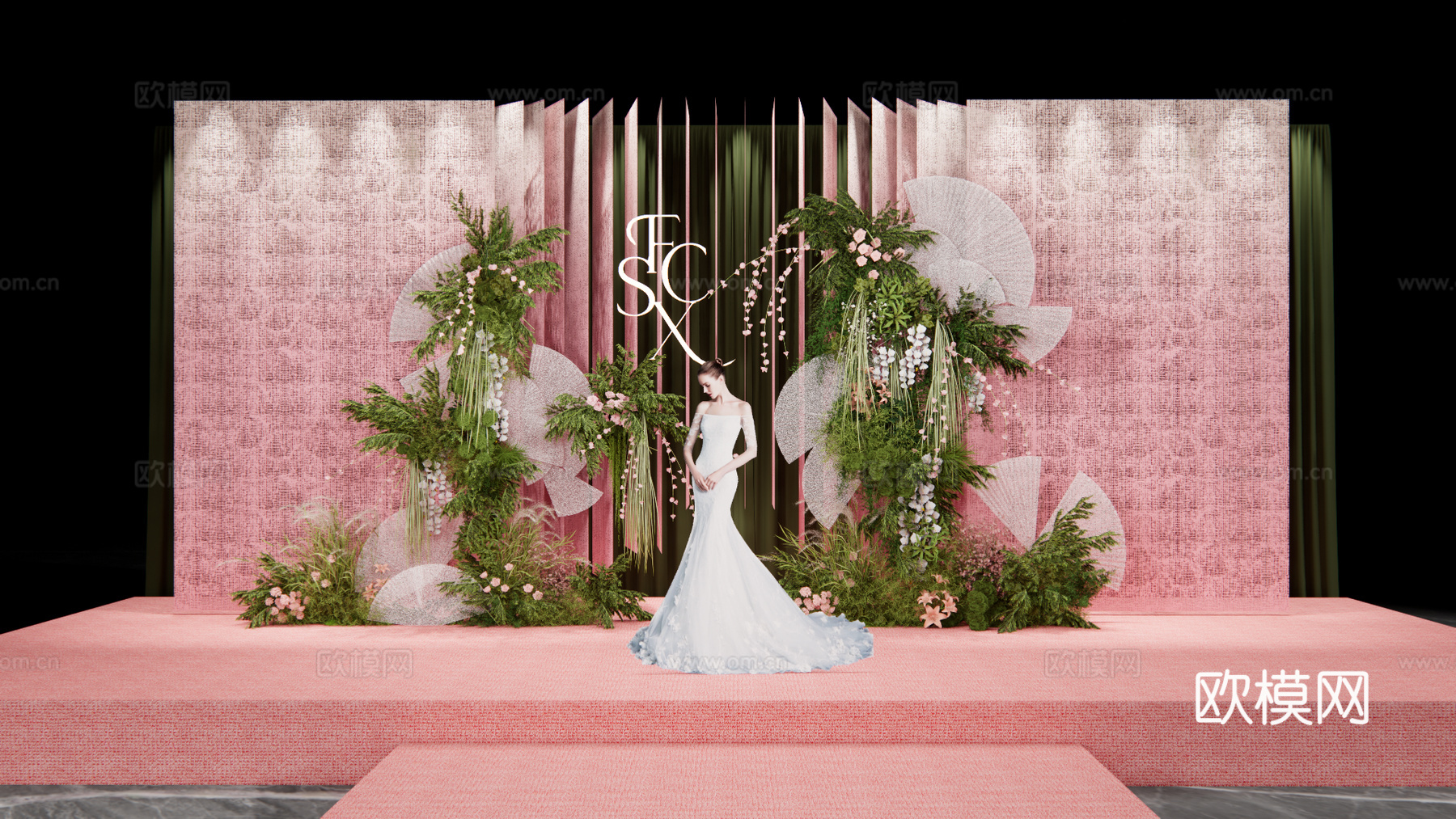 小众粉色渐变纱 婚礼花艺设计su模型下载（渲染图1）