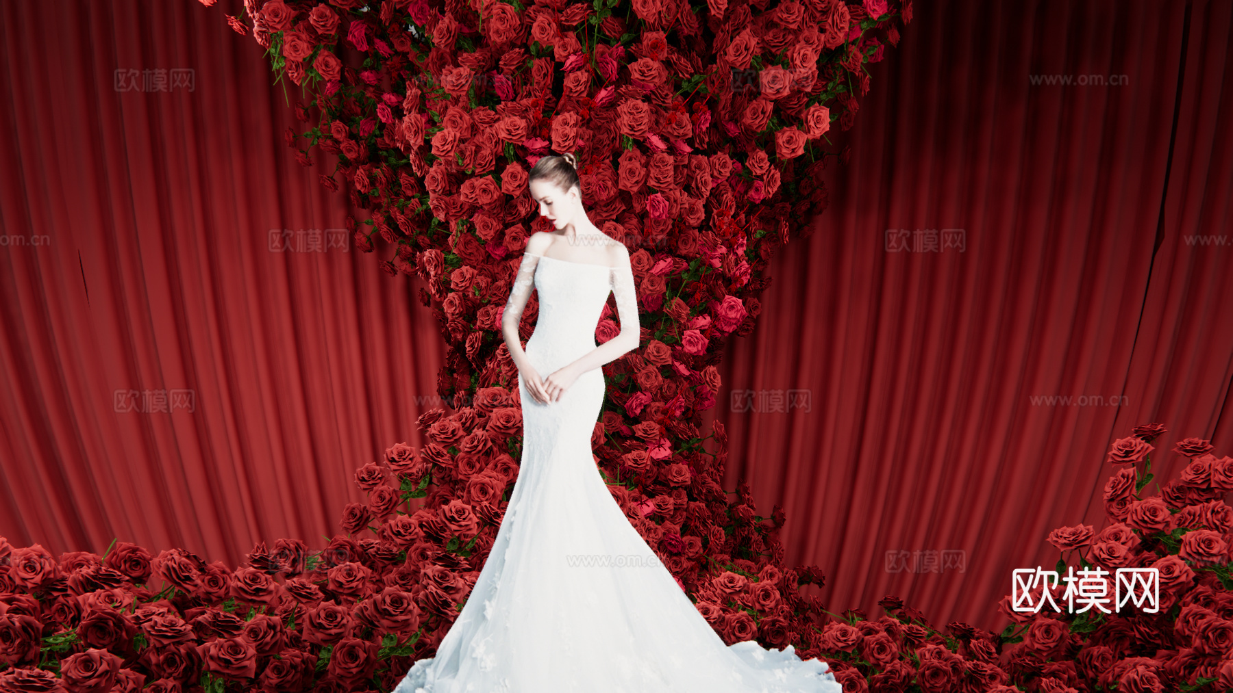 小众红色秀场风单只红玫瑰花艺造型婚礼设计su模型下载（渲染图3）