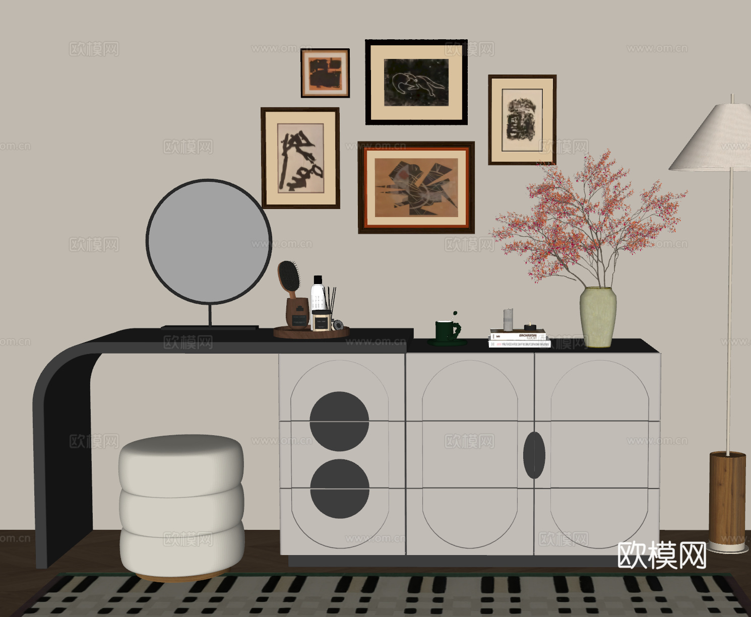 法式梳妆台 奶油风梳妆台 现代梳妆台 法式装饰画 梳妆镜 化su模型下载（渲染图2）