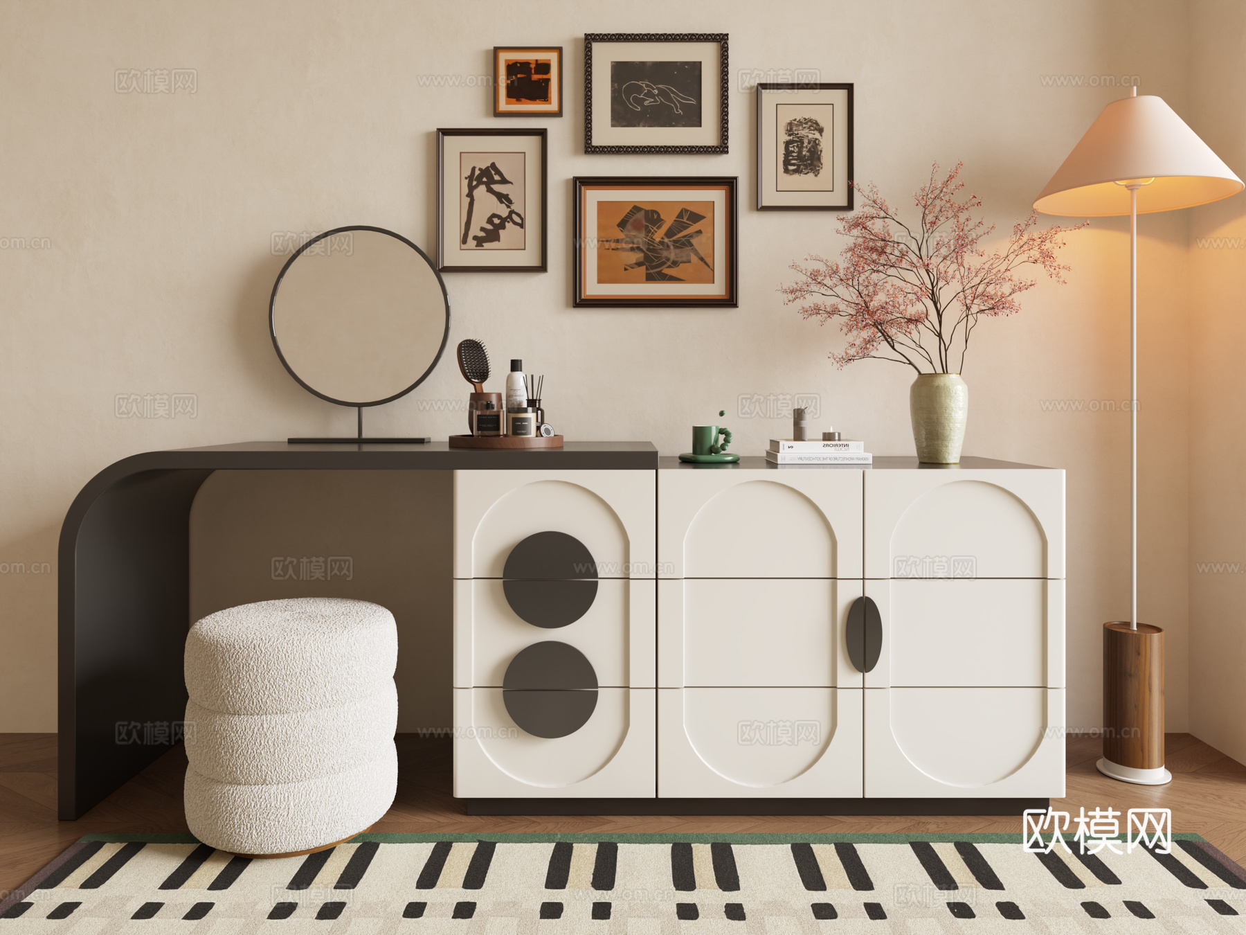 法式梳妆台 奶油风梳妆台 现代梳妆台 法式装饰画 梳妆镜 化su模型下载（渲染图1）